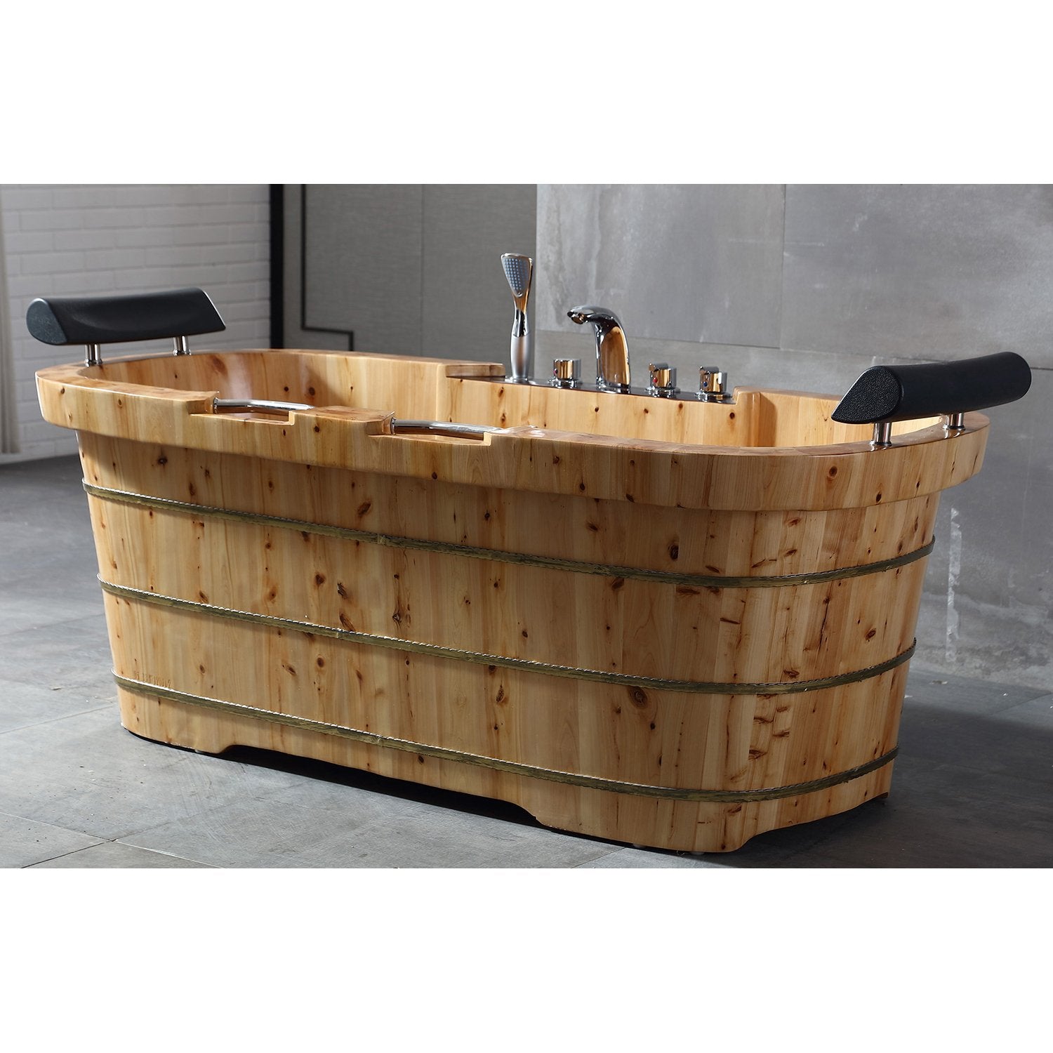 ALFI, ALFI AB1130 65" 2 Person Free Standing Cedar Bathtub with Fixtures & Headrests