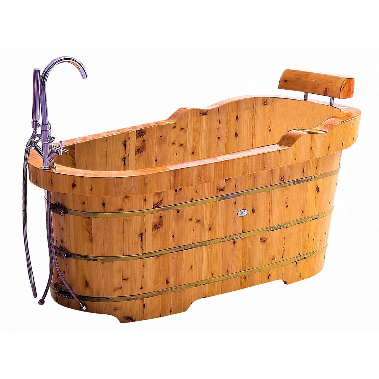 ALFI, ALFI AB1139 61" Free Standing Cedar Wooden Bathtub with Fixtures & Headrest