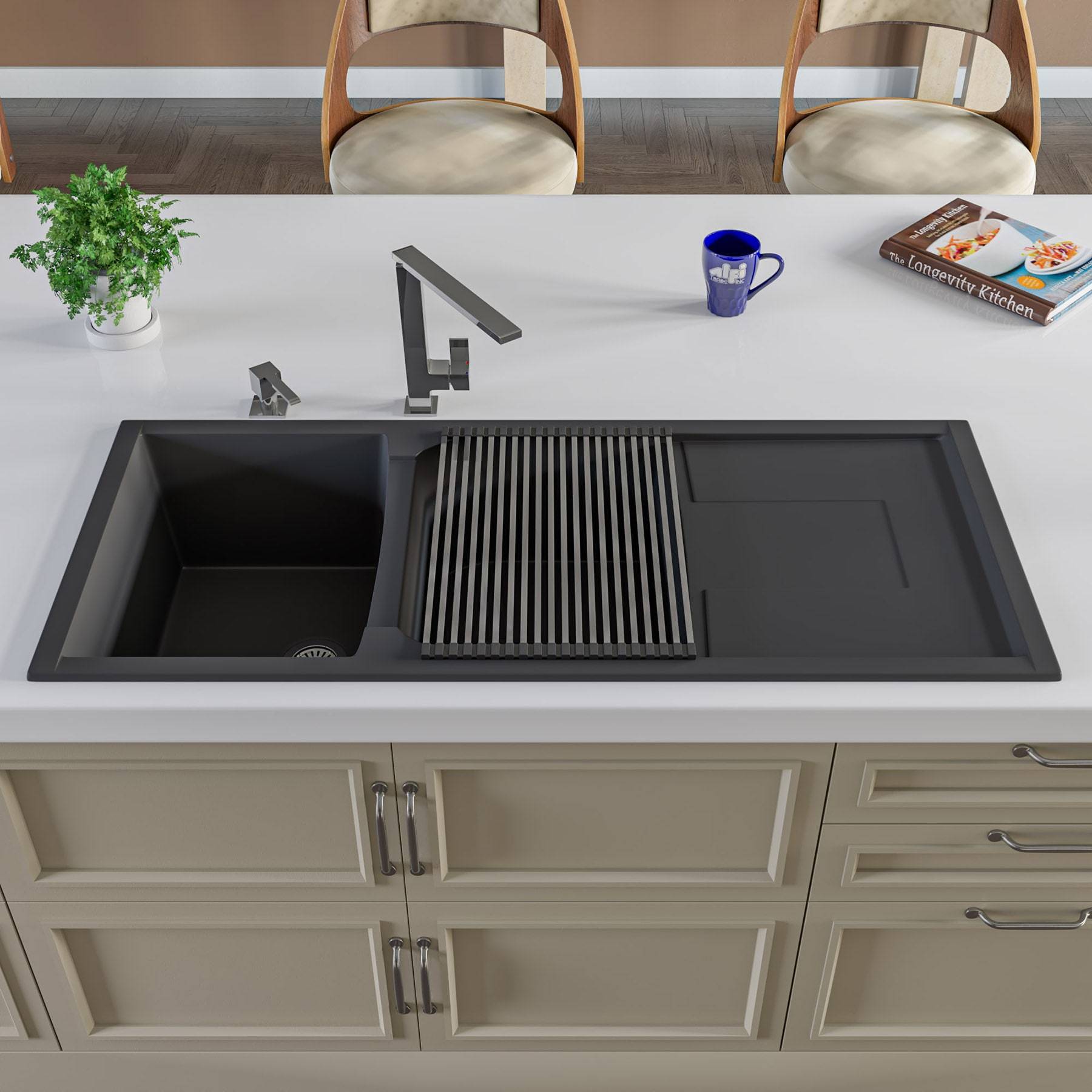 ALFI, ALFI AB4620DI-BLA Black 46" Double Bowl Granite Composite Sink with Drainboard