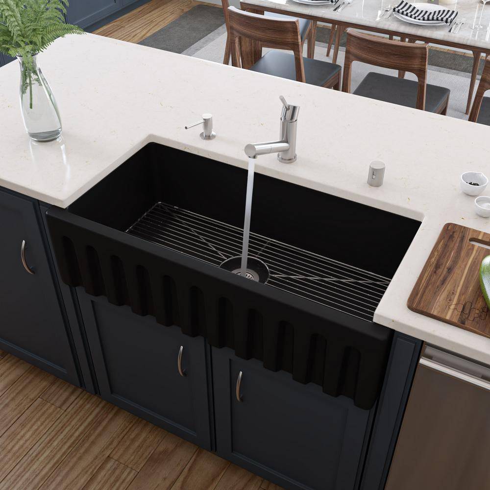 ALFI, ALFI Brand AB3618HS-BM 36" Black Matte Reversible Smooth / Fluted Single Bowl Fireclay Farm Sink, Traditional