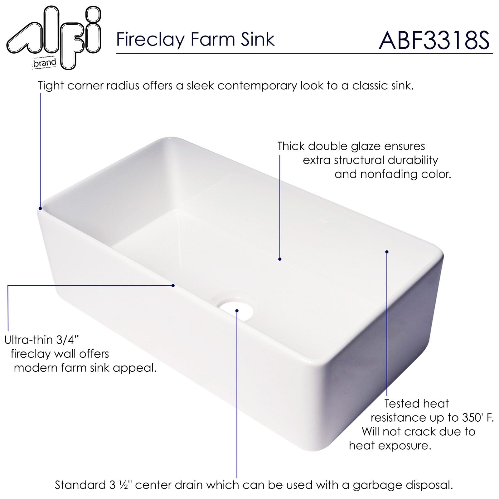 ALFI, ALFI Brand ABF3318S 33" White Thin Wall Single Bowl Smooth Apron Fireclay Kitchen Farm Sink