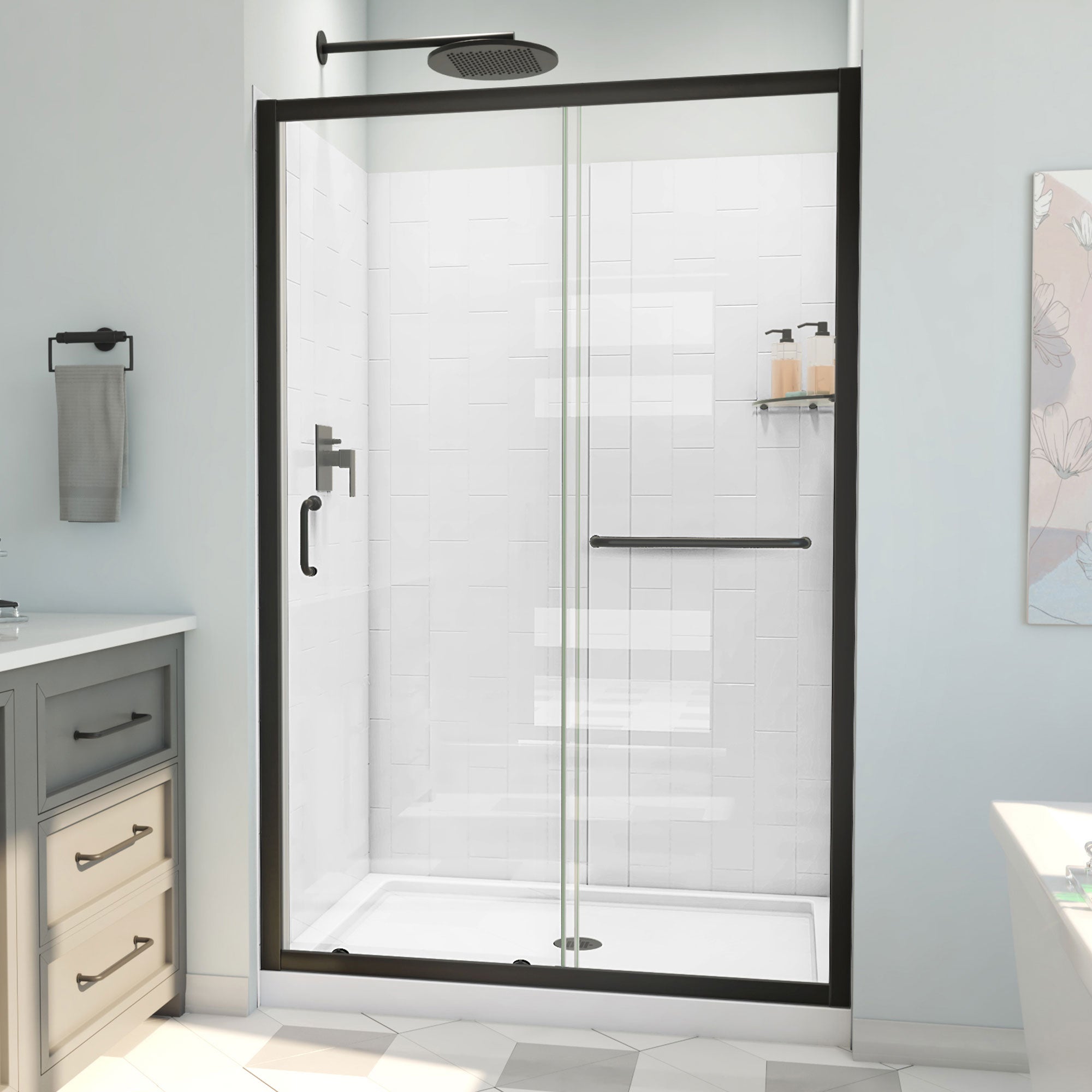 DreamLine, DreamLine D2094836XXC0009 Infinity-Z 36" D x 48" W x 78 3/4" H Sliding Shower Door, Base, and White Wall Kit in Satin Black and Clear Glass