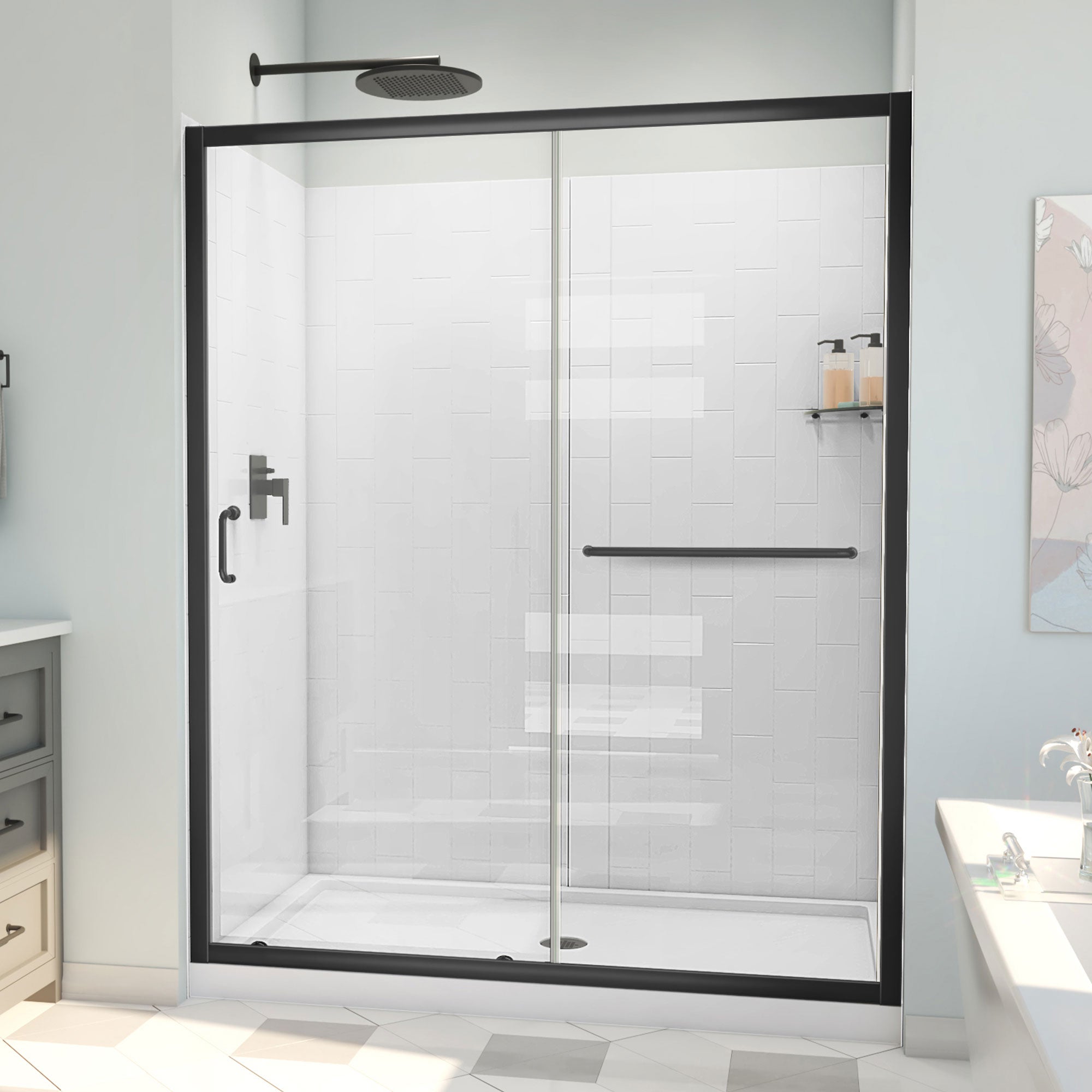 DreamLine, DreamLine D2096030XXC0009 Infinity-Z 30" D x 60" W x 78 3/4" H Sliding Shower Door, Base, and White Wall Kit in Satin Black and Clear Glass