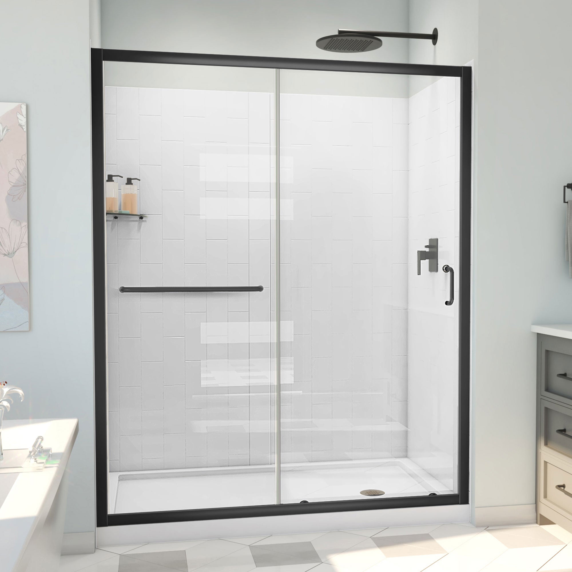 DreamLine, DreamLine D2096030XXR0009 Infinity-Z 30" D x 60" W x 78 3/4" H Sliding Shower Door, Base, and White Wall Kit in Satin Black and Clear Glass