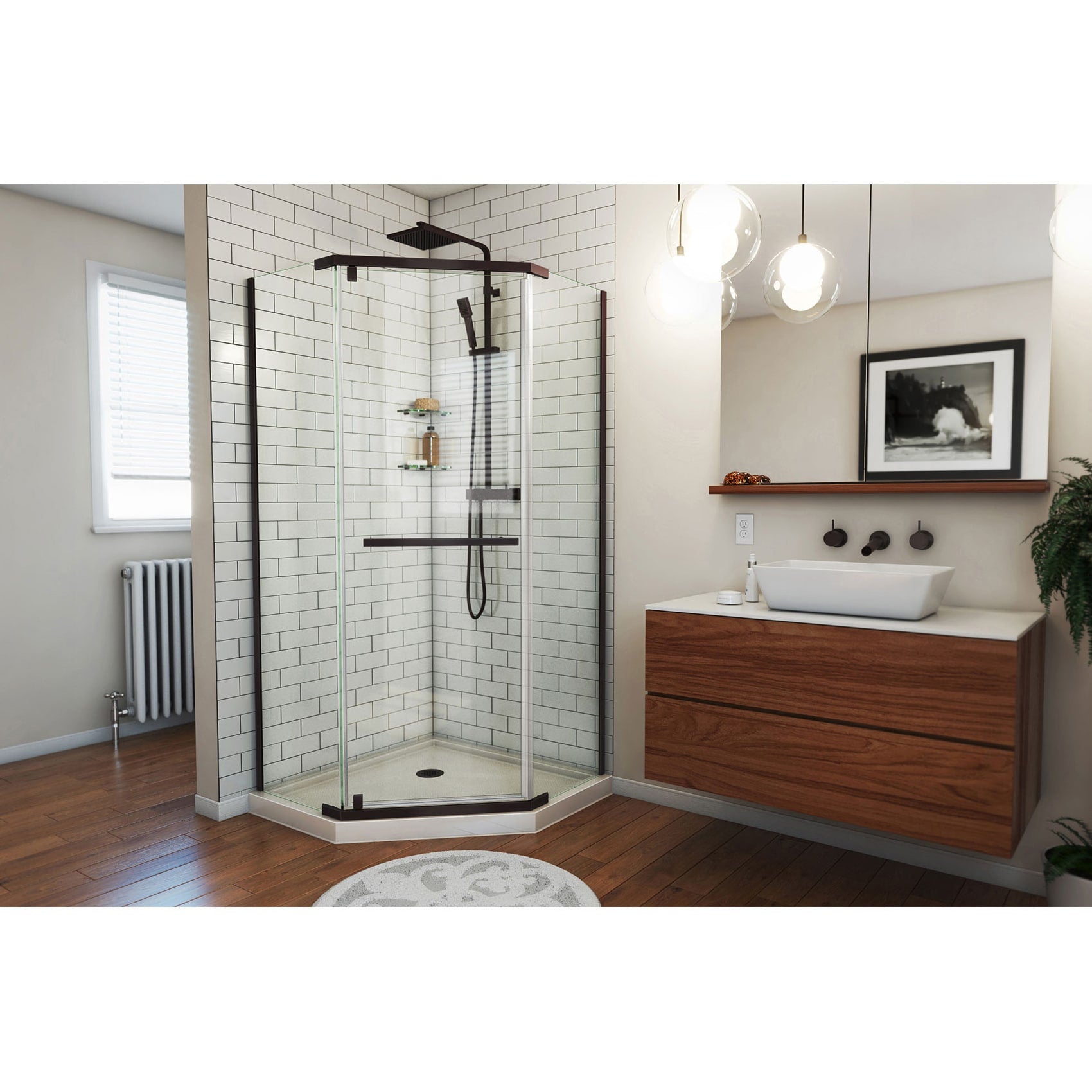 DreamLine, DreamLine DL-6030-22-06 Prism 36 in. x 74 3/4 in. Frameless Neo-Angle Pivot Shower Enclosure in Oil Rubbed Bronze with Biscuit Base