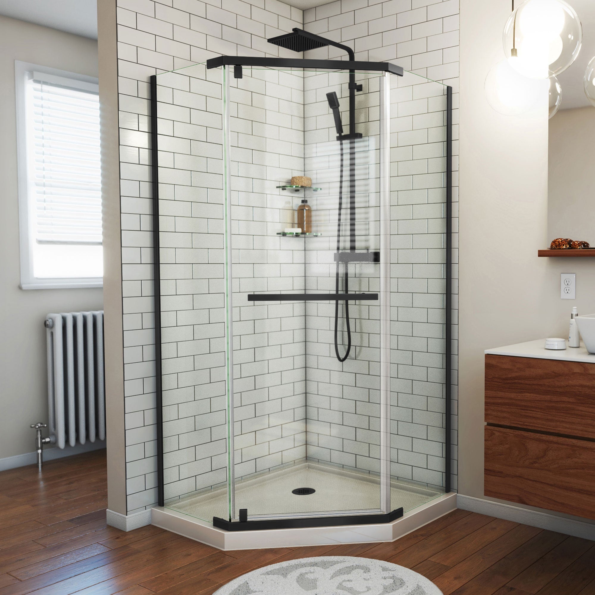 DreamLine, DreamLine DL-6030-22-09 Prism 36 in. x 74 3/4 in. Frameless Neo-Angle Pivot Shower Enclosure in Satin Black with Biscuit Base