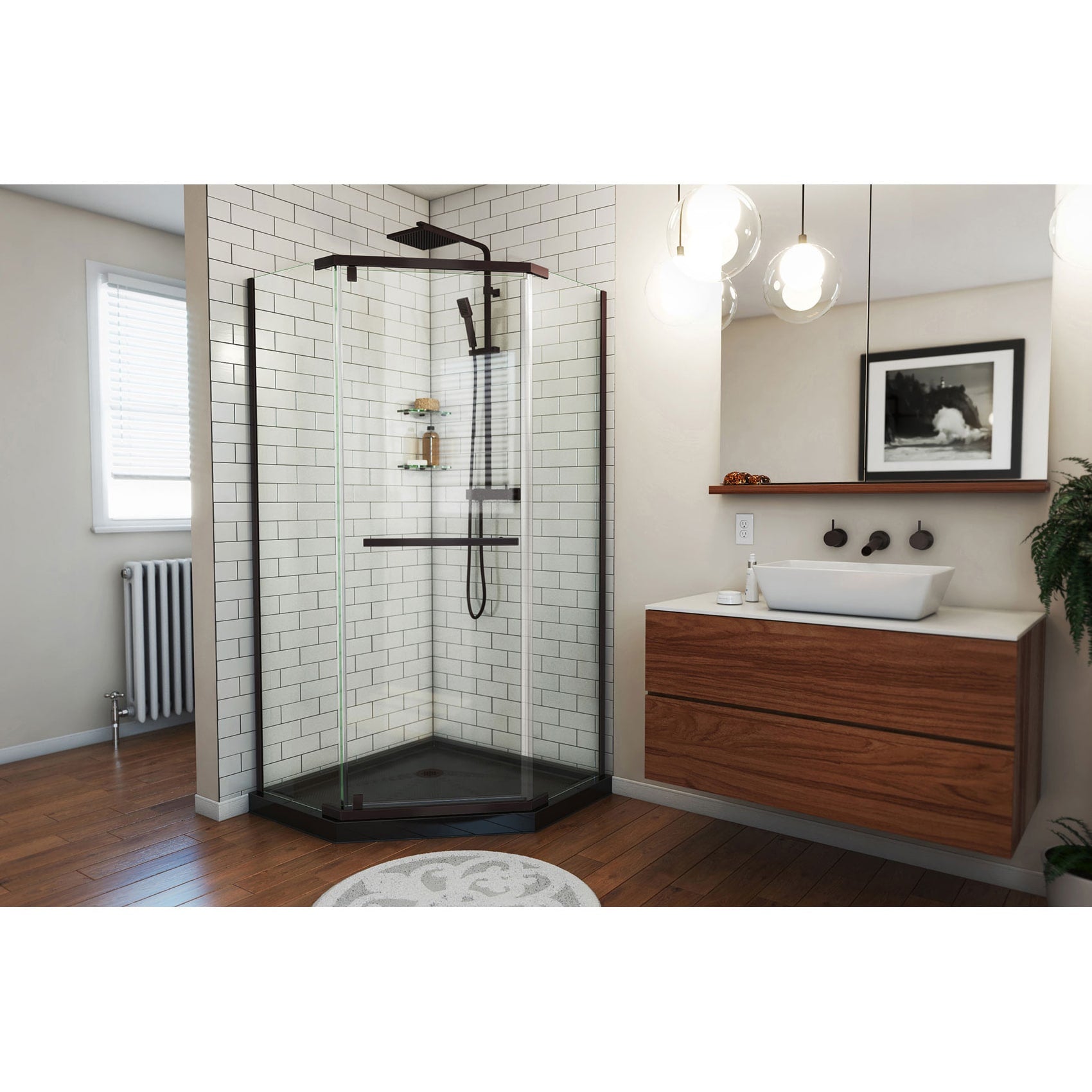 DreamLine, DreamLine DL-6030-88-06 Prism 36 in. x 74 3/4 in. Frameless Neo-Angle Pivot Shower Enclosure in Oil Rubbed Bronze with Black Base Kit