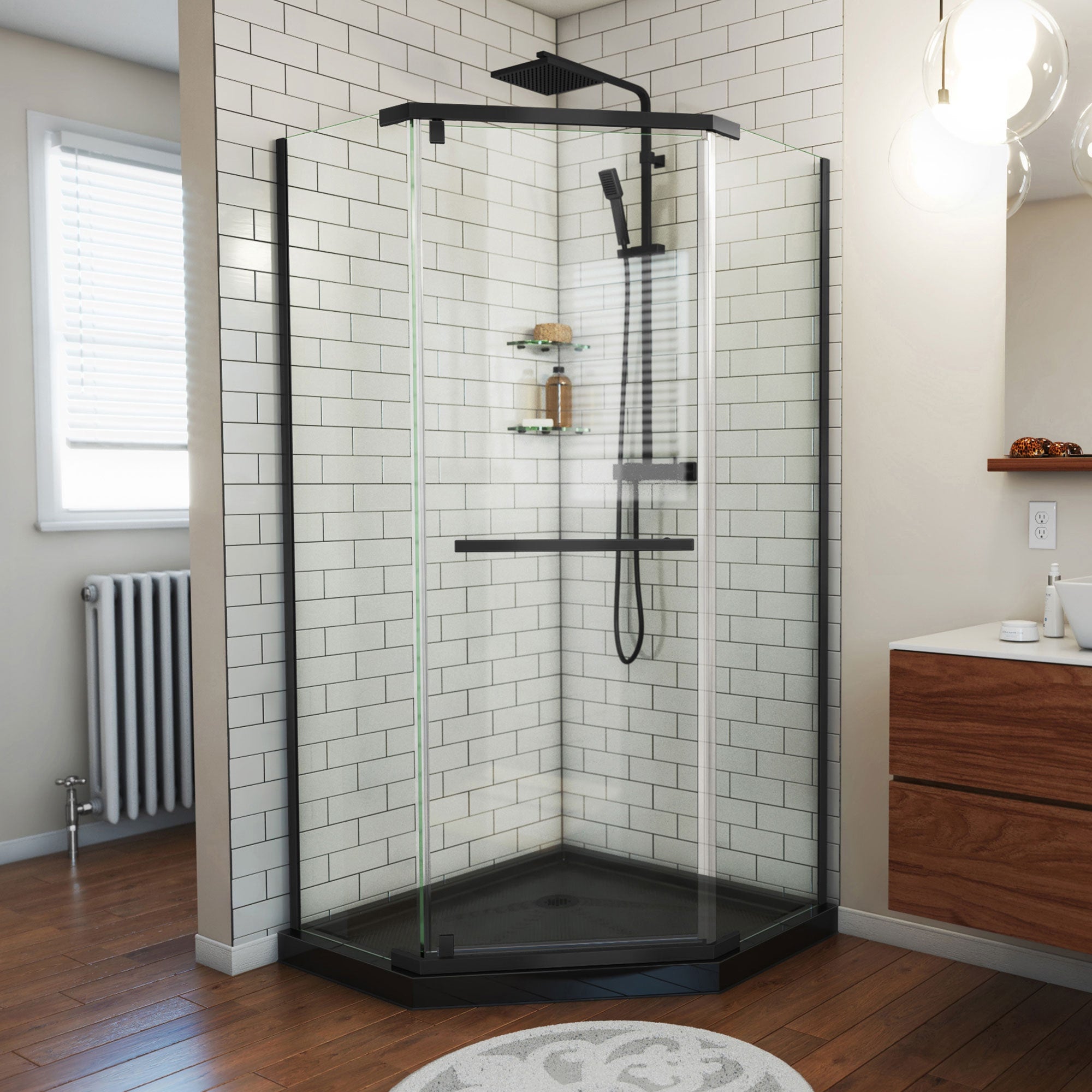 DreamLine, DreamLine DL-6030-88-09 Prism 36 in. x 74 3/4 in. Frameless Neo-Angle Pivot Shower Enclosure in Satin Black with Black Base Kit