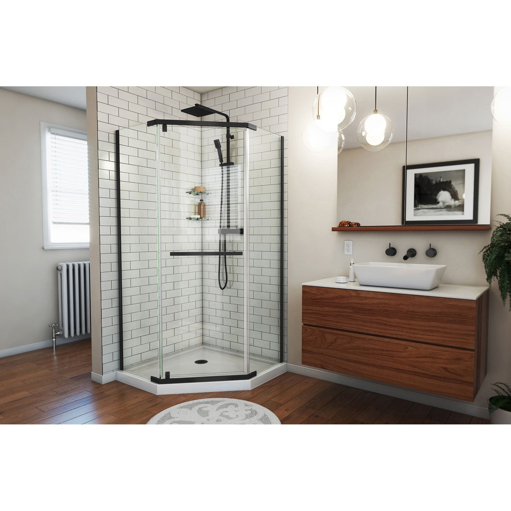 DreamLine, DreamLine DL-6033-09 Prism 42 in. x 74 3/4 in. Frameless Neo-Angle Pivot Shower Enclosure in Satin Black with White Base Kit