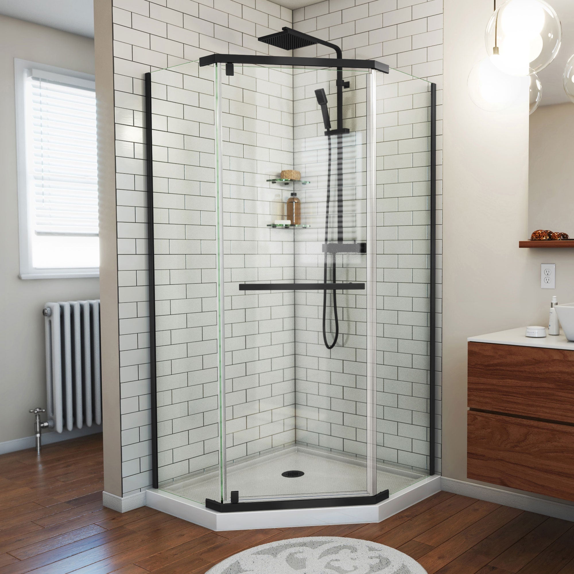 DreamLine, DreamLine DL-6033-09 Prism 42 in. x 74 3/4 in. Frameless Neo-Angle Pivot Shower Enclosure in Satin Black with White Base Kit