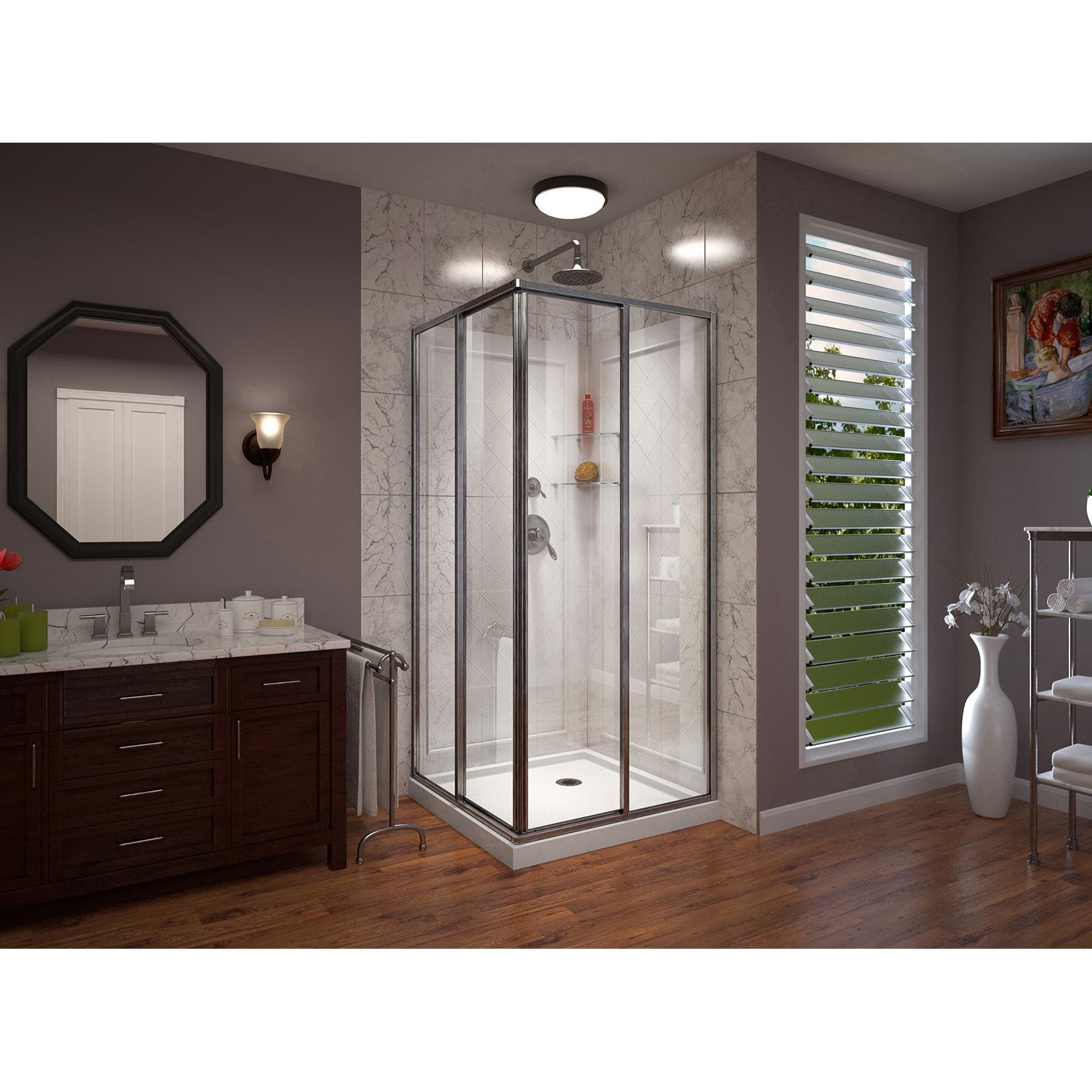 DreamLine, DreamLine DL-6150-04 Cornerview 36 in. D x 36 in. W x 76 3/4 in. H Framed Sliding Shower Enclosure in Brushed Nickel with White Acrylic Kit