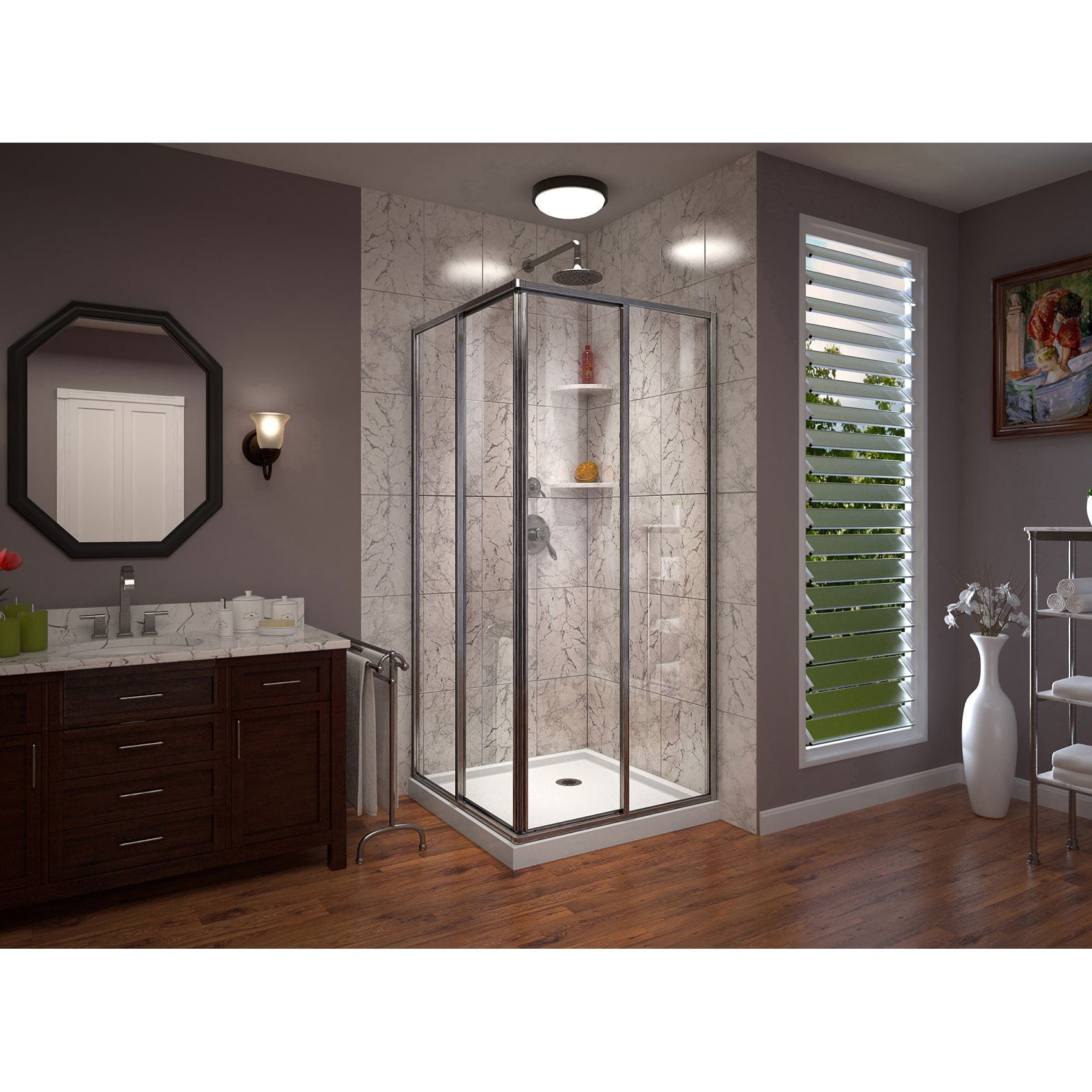 DreamLine, DreamLine DL-6709-04 Cornerview 42 in. D x 42 in. W x 74 3/4 in. H Framed Sliding Shower Enclosure in Brushed Nickel with White Acrylic Base