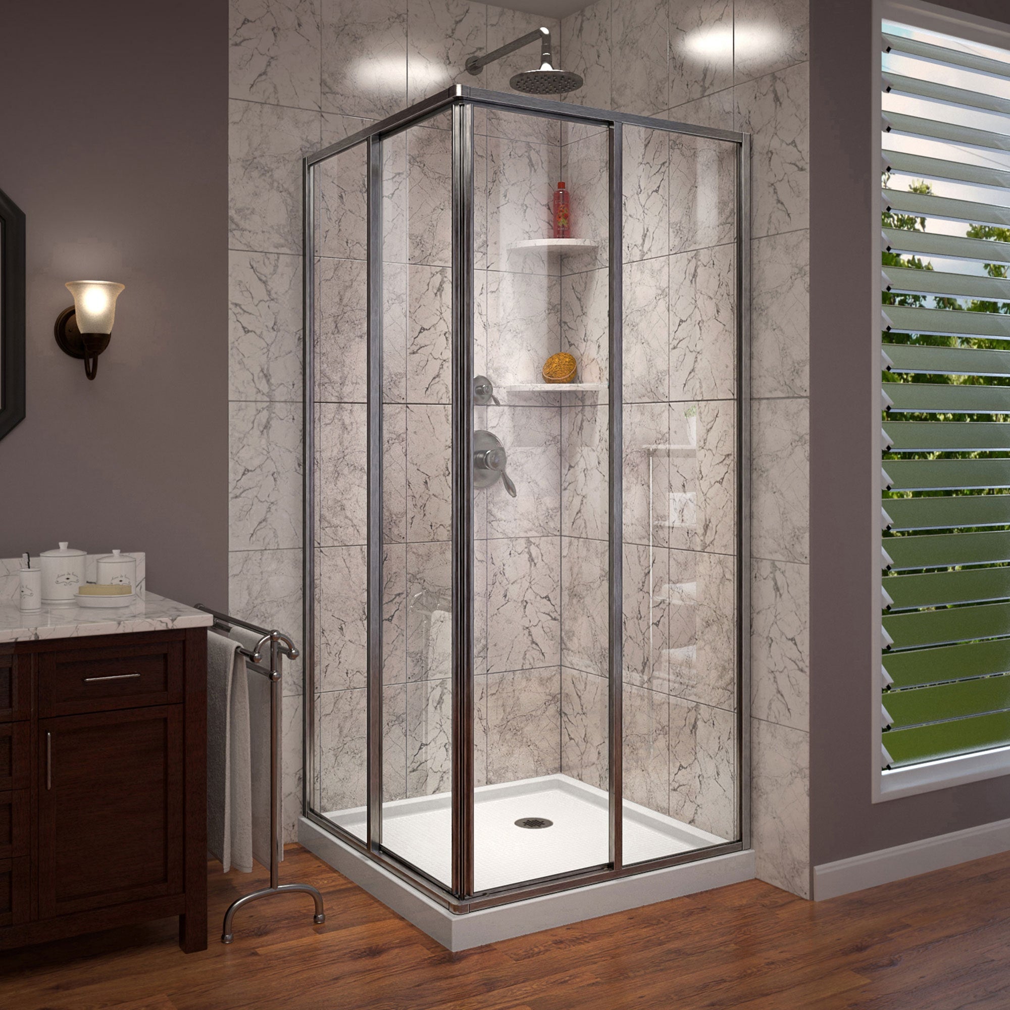 DreamLine, DreamLine DL-6709-04 Cornerview 42 in. D x 42 in. W x 74 3/4 in. H Framed Sliding Shower Enclosure in Brushed Nickel with White Acrylic Base