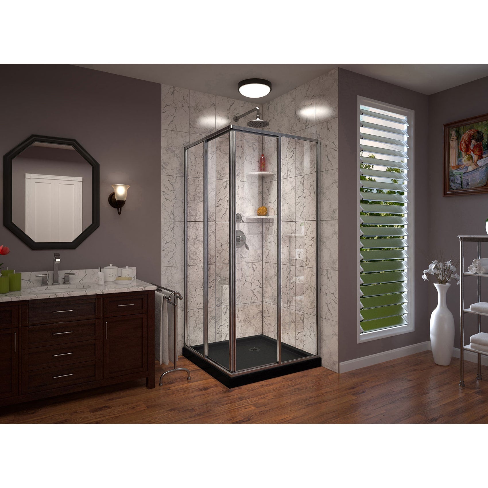 DreamLine, DreamLine DL-6709-88-04 Cornerview 42 in. D x 42 in. W x 74 3/4 in. H Framed Sliding Shower Enclosure in Brushed Nickel with Black Acrylic Base