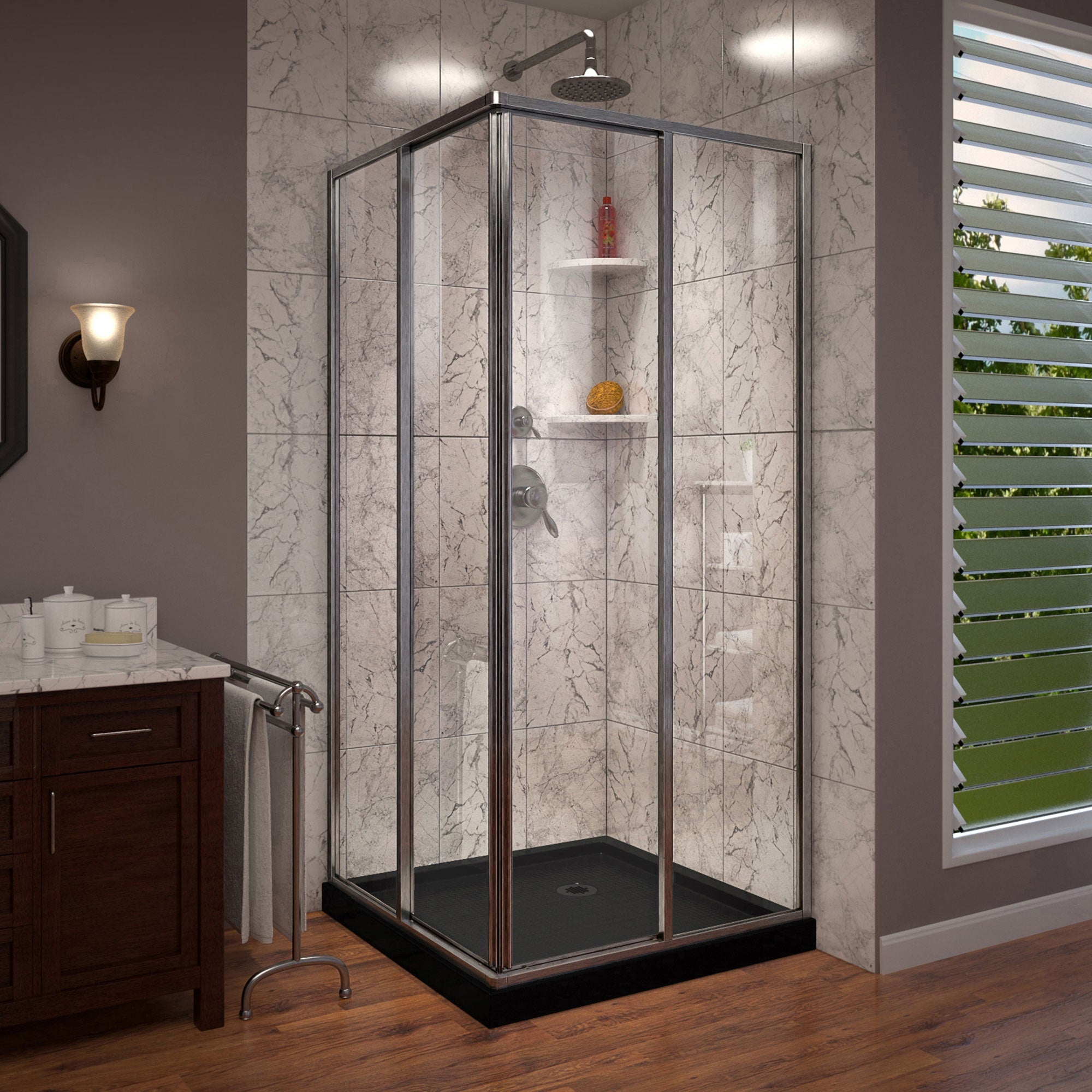 DreamLine, DreamLine DL-6709-88-04 Cornerview 42 in. D x 42 in. W x 74 3/4 in. H Framed Sliding Shower Enclosure in Brushed Nickel with Black Acrylic Base