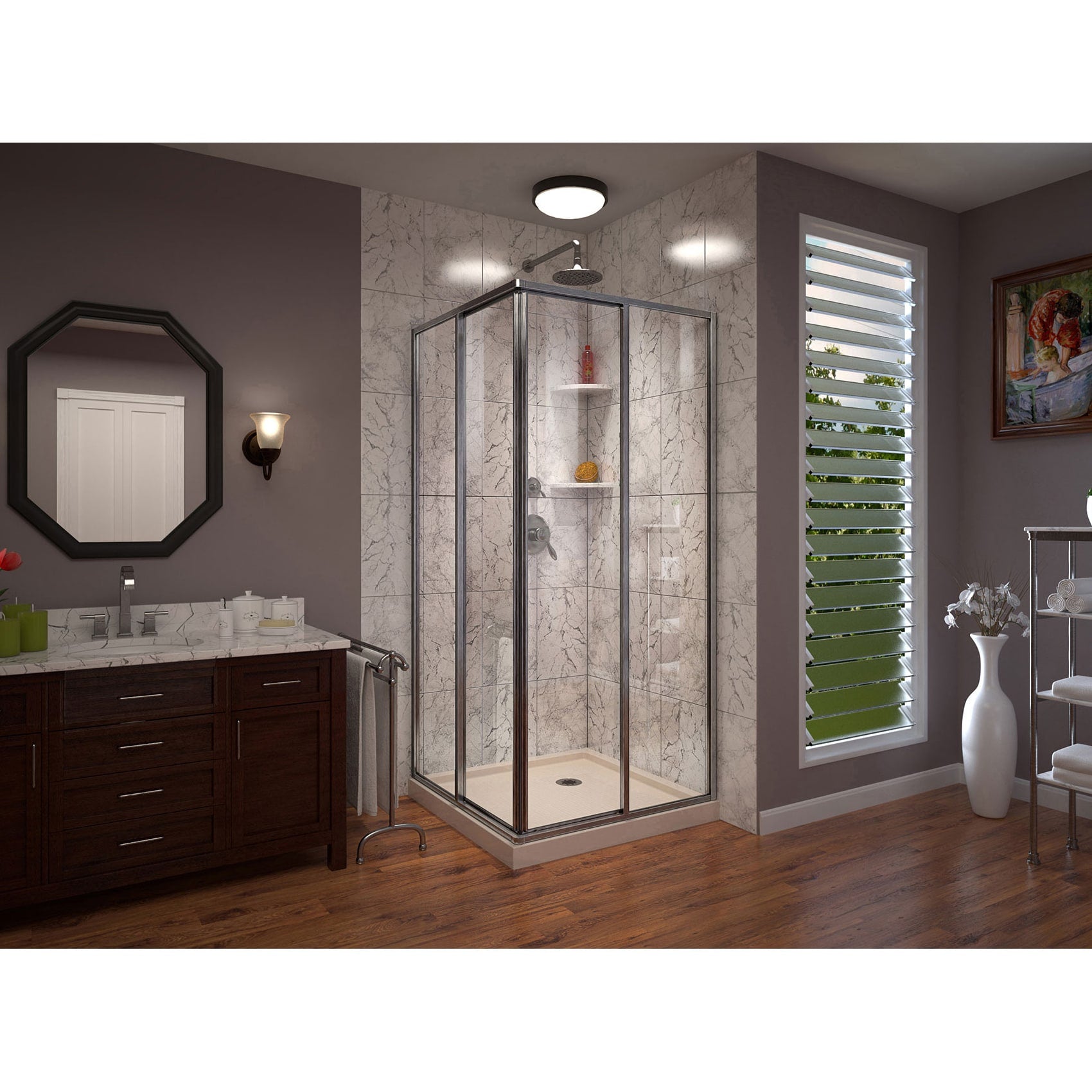 DreamLine, DreamLine DL-6710-22-04 Cornerview 36 in. D x 36 in. W x 74 3/4 in. H Framed Sliding Shower Enclosure in Brushed Nickel with Biscuit Shower Base