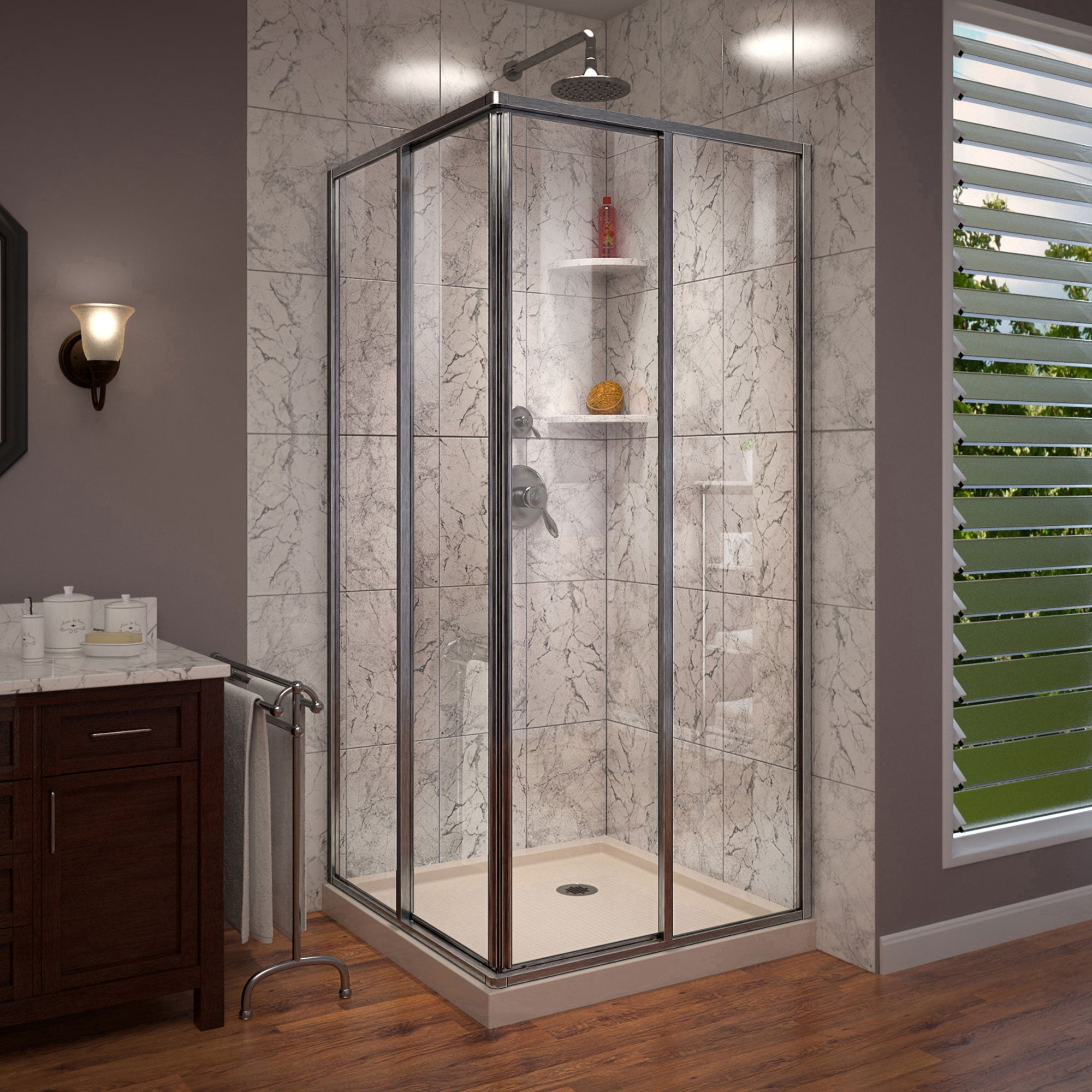 DreamLine, DreamLine DL-6710-22-04 Cornerview 36 in. D x 36 in. W x 74 3/4 in. H Framed Sliding Shower Enclosure in Brushed Nickel with Biscuit Shower Base