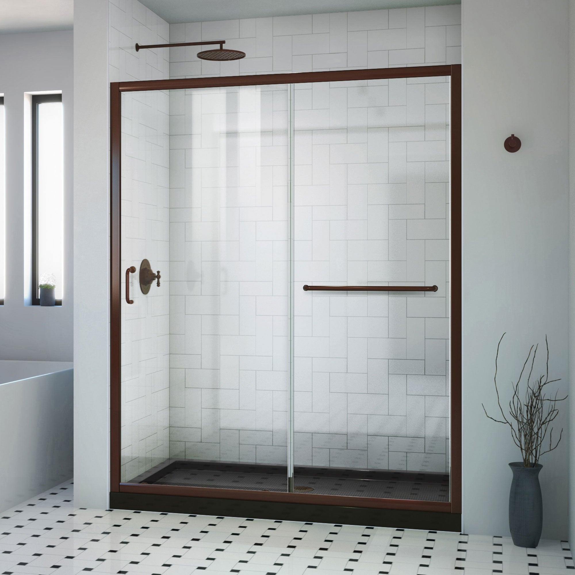 DreamLine, DreamLine DL-6970CLC88-06 Infinity-Z 30 in. D x 60 in. W x 74 3/4 in. H Clear Sliding Shower Door in Oil Rubbed Bronze, Center Drain Black Base