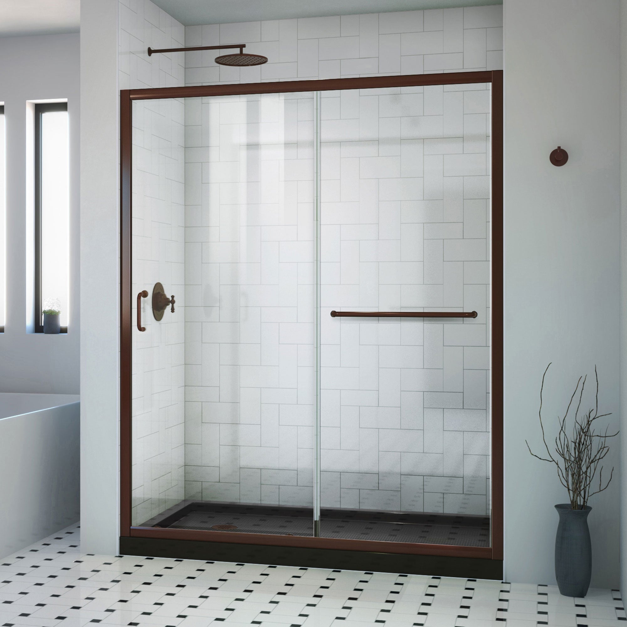 DreamLine, DreamLine DL-6970CLL88-06 Infinity-Z 30 in. D x 60 in. W x 74 3/4 in. H Clear Sliding Shower Door in Oil Rubbed Bronze, Left Drain Black Base