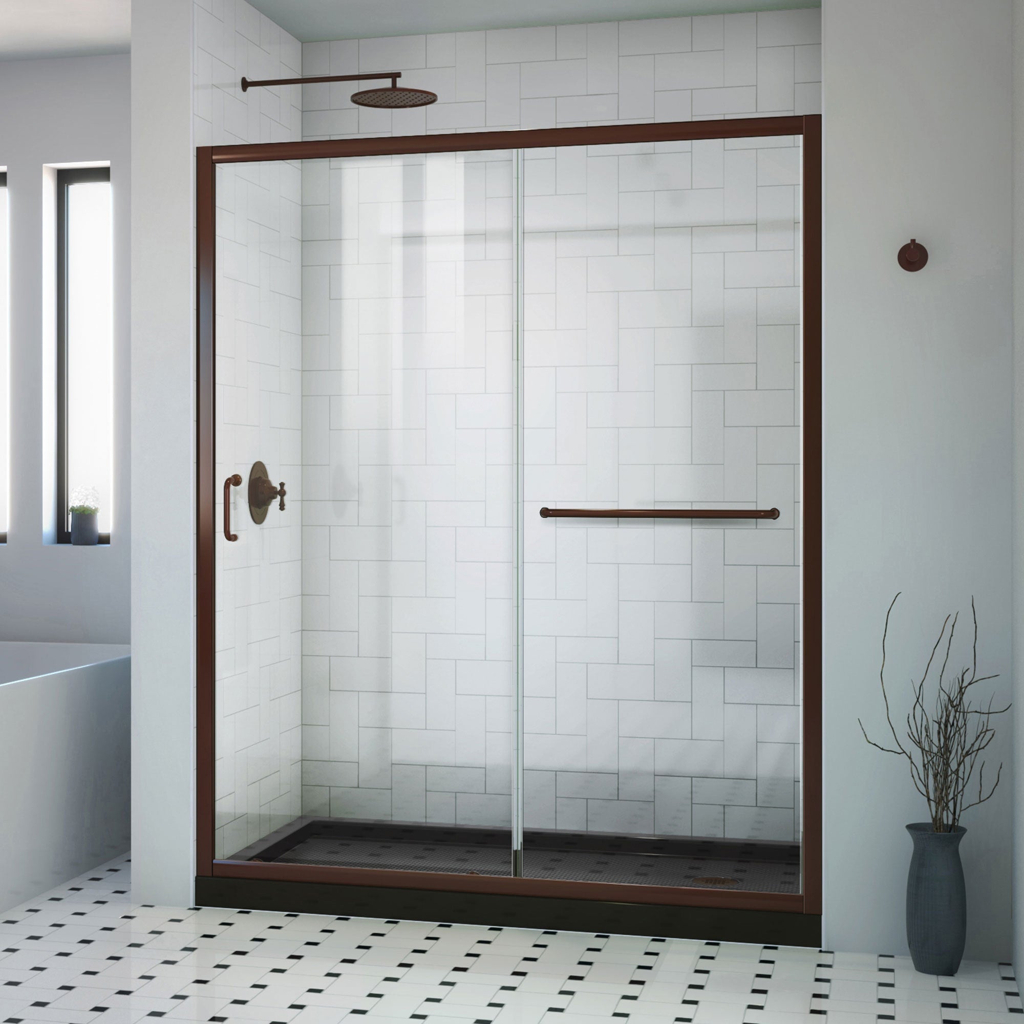 DreamLine, DreamLine DL-6970CLR88-06 Infinity-Z 30 in. D x 60 in. W x 74 3/4 in. H Clear Sliding Shower Door in Oil Rubbed Bronze, Right Drain Black Base