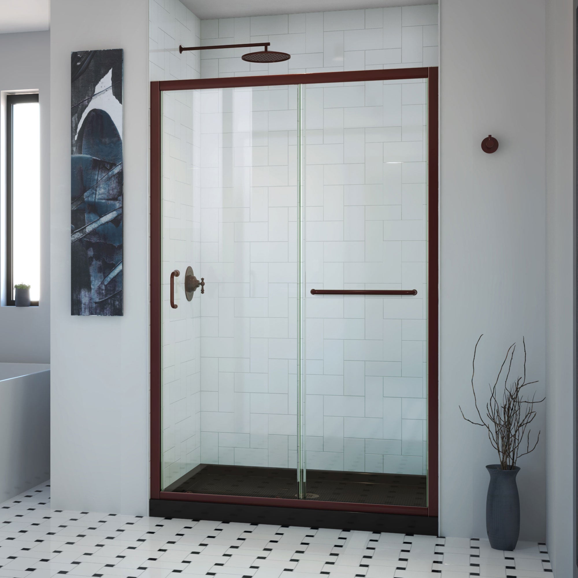 DreamLine, DreamLine DL-6974C-88-06 Infinity-Z 32 in. D x 54 in. W x 74 3/4 in. H Clear Sliding Shower Door in Oil Rubbed Bronze and Center Drain Black Base