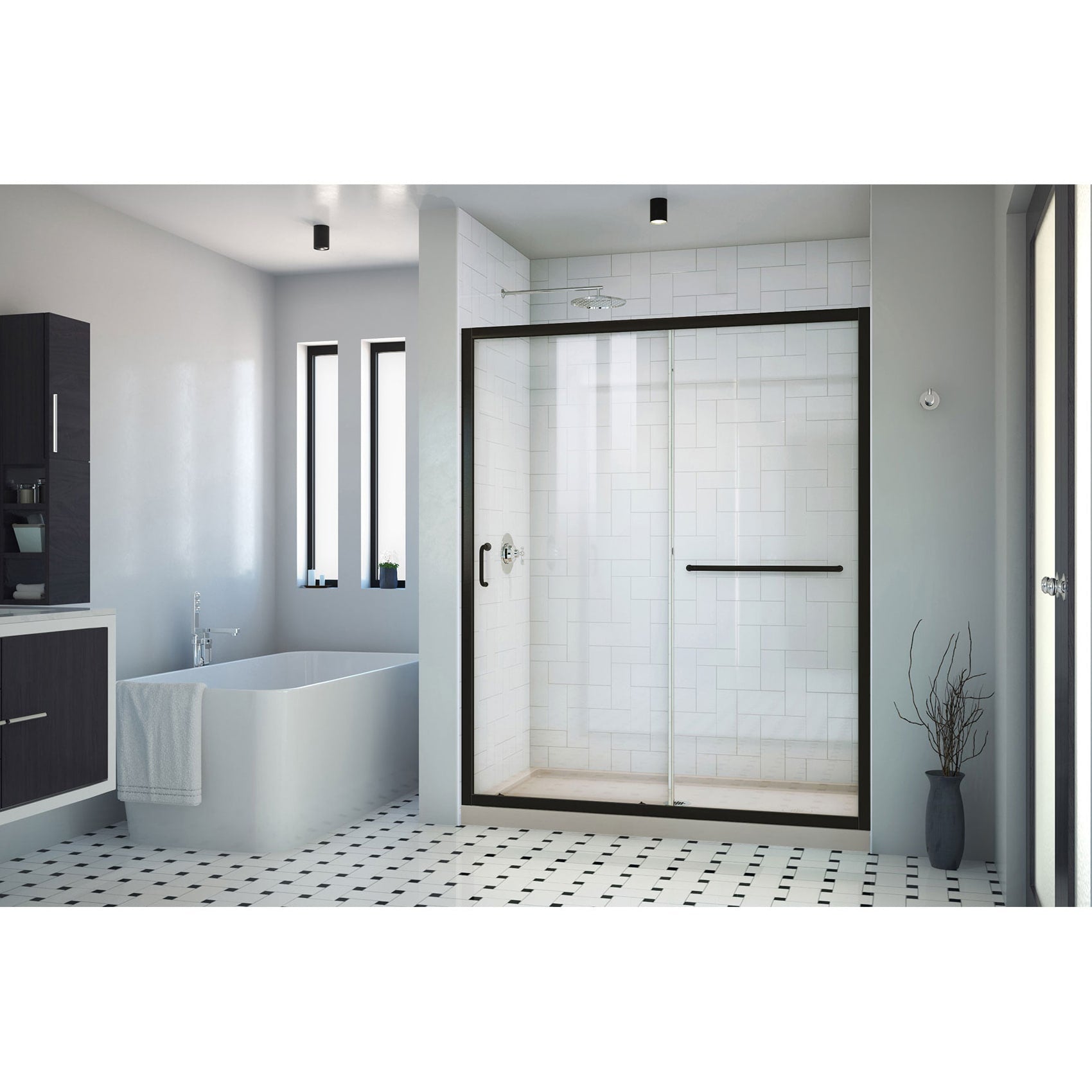 DreamLine, DreamLine DL6970CLC-22-09 Infinity-Z 30 in. D x 60 in. W x 74 3/4 in. H Clear Sliding Shower Door in Satin Black, Center Drain Biscuit Base