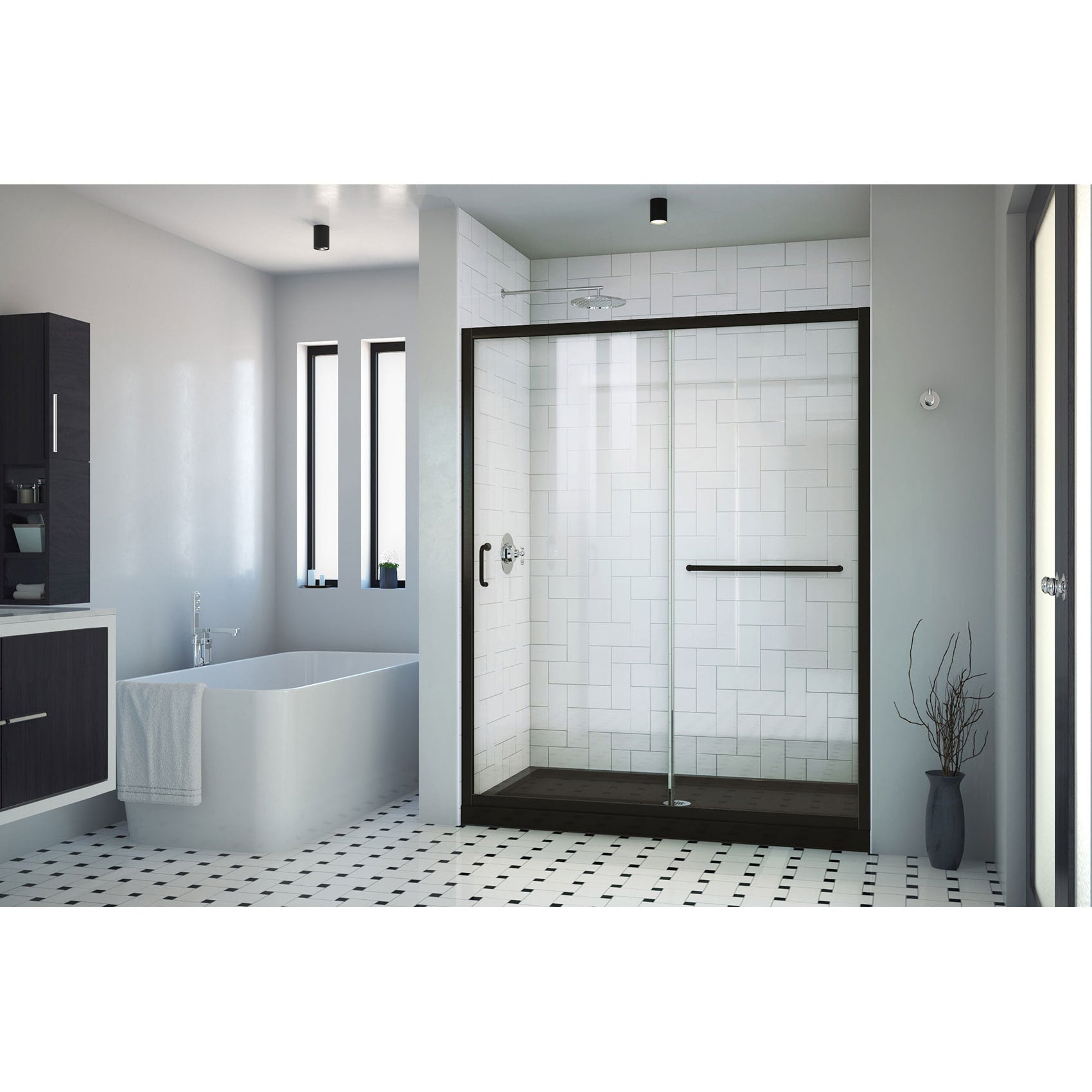 DreamLine, DreamLine DL6970CLC-88-09 Infinity-Z 30 in. D x 60 in. W x 74 3/4 in. H Clear Sliding Shower Door in Satin Black, Center Drain Black Base