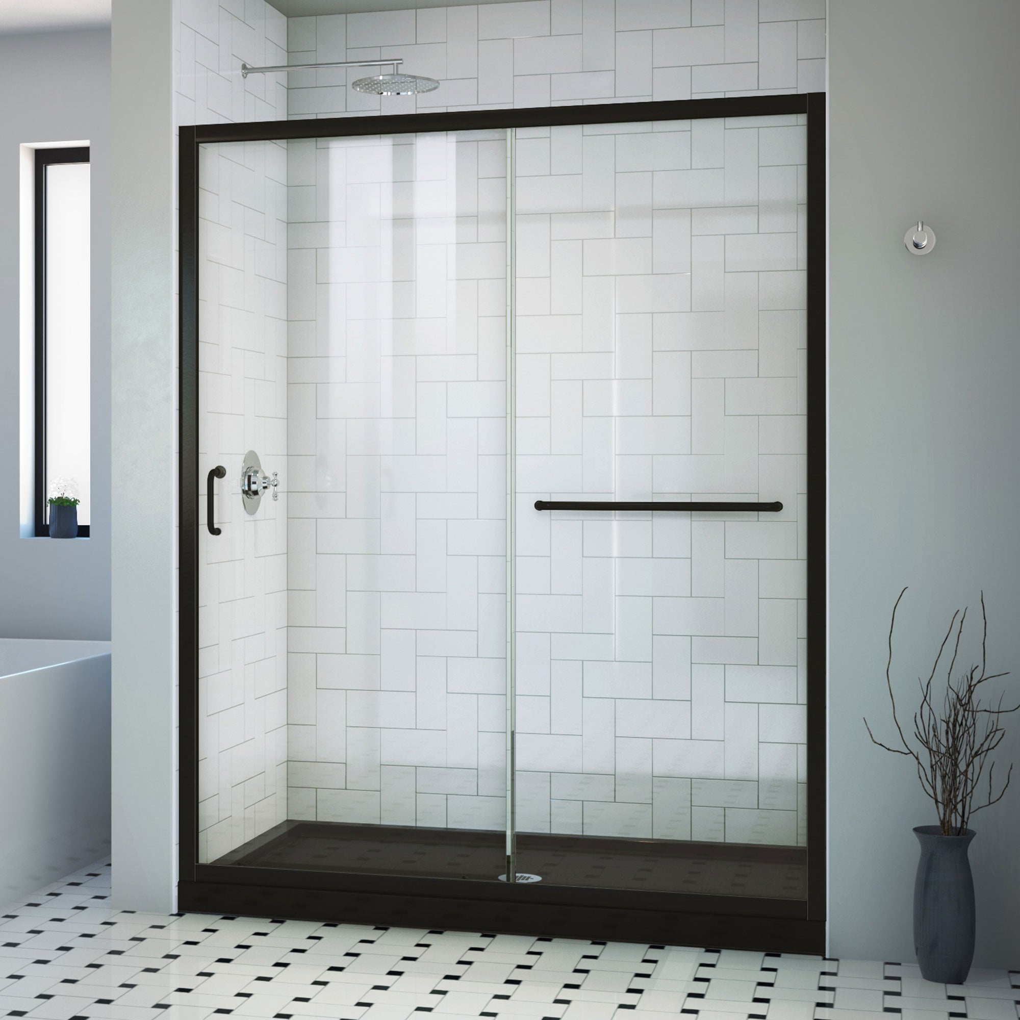 DreamLine, DreamLine DL6970CLC-88-09 Infinity-Z 30 in. D x 60 in. W x 74 3/4 in. H Clear Sliding Shower Door in Satin Black, Center Drain Black Base