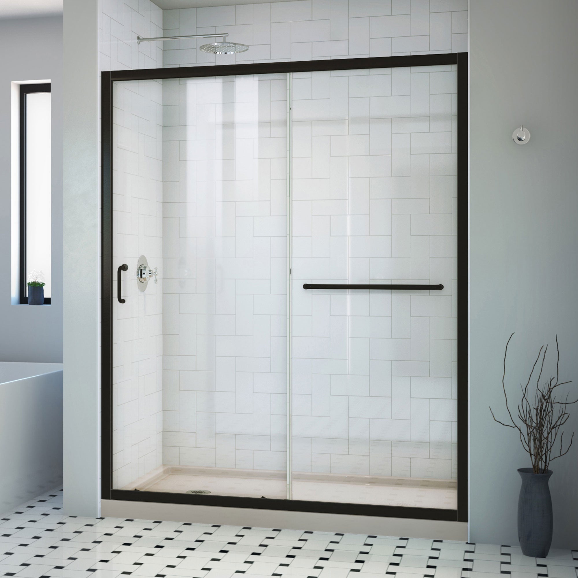 DreamLine, DreamLine DL6970CLL-22-09 Infinity-Z 30 in. D x 60 in. W x 74 3/4 in. H Clear Sliding Shower Door in Satin Black, Left Drain Biscuit Base