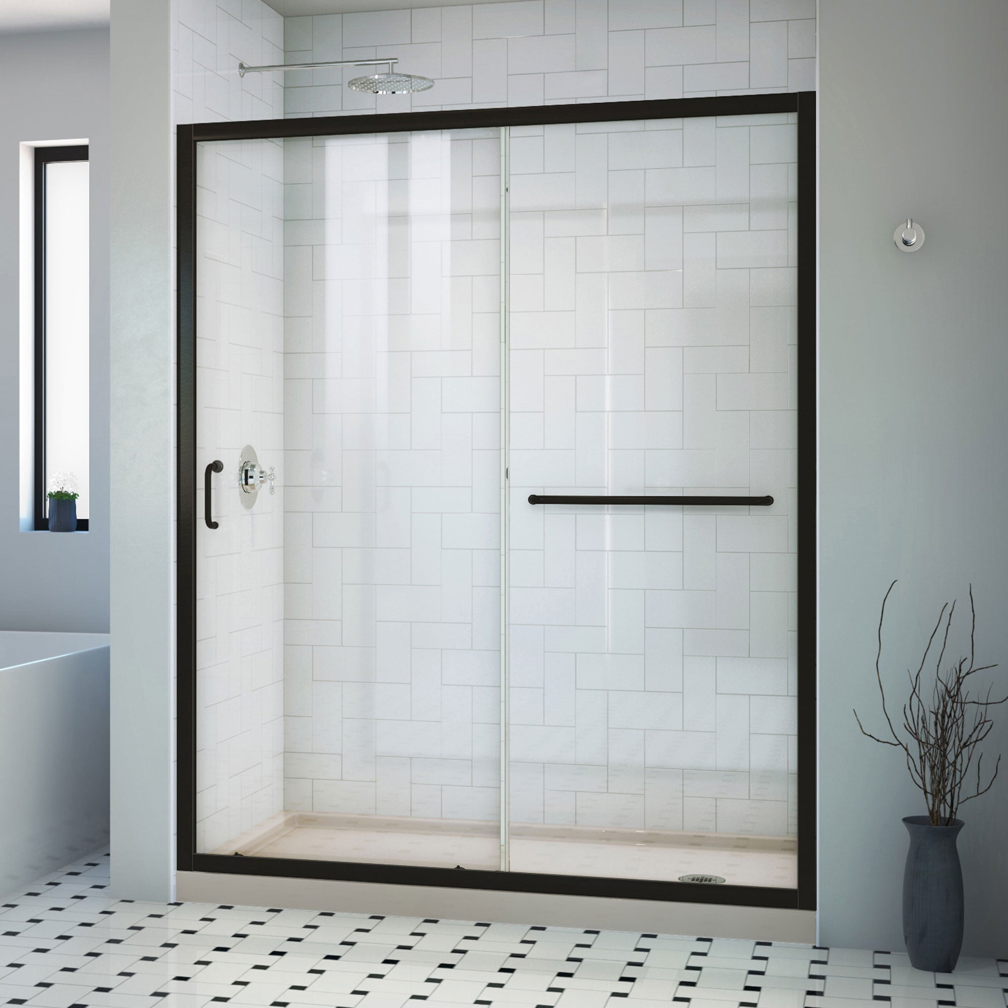 DreamLine, DreamLine DL6970CLR-22-09 Infinity-Z 30 in. D x 60 in. W x 74 3/4 in. H Clear Sliding Shower Door in Satin Black, Right Drain Biscuit Base