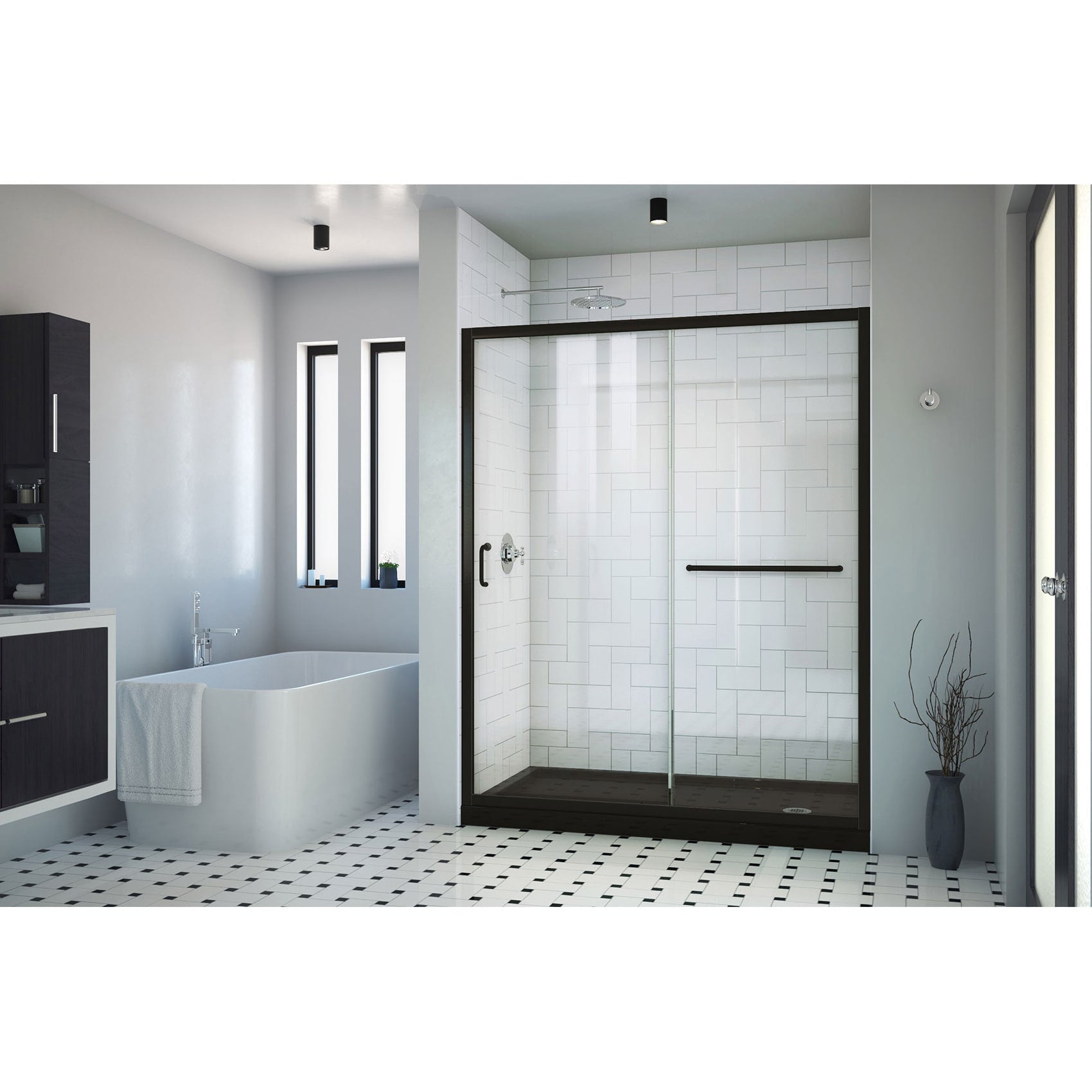 DreamLine, DreamLine DL6970CLR-88-09 Infinity-Z 30 in. D x 60 in. W x 74 3/4 in. H Clear Sliding Shower Door in Satin Black, Right Drain Black Base