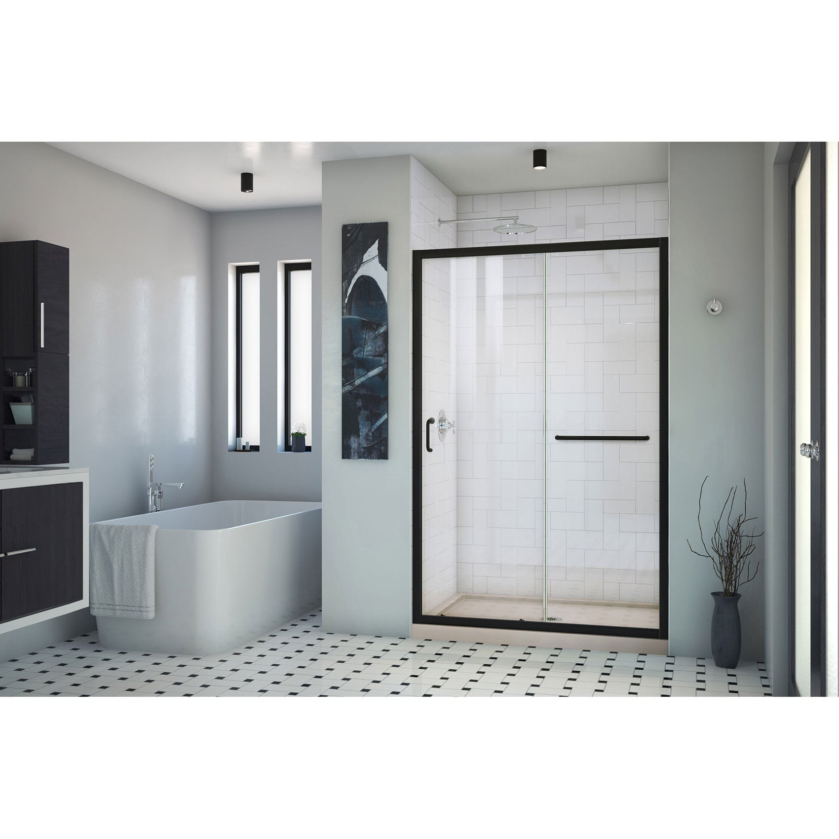 DreamLine, DreamLine DL6975CLC-22-09 Infinity-Z 36 in. D x 48 in. W x 74 3/4 in. H Clear Sliding Shower Door in Satin Black and Center Drain Biscuit Base