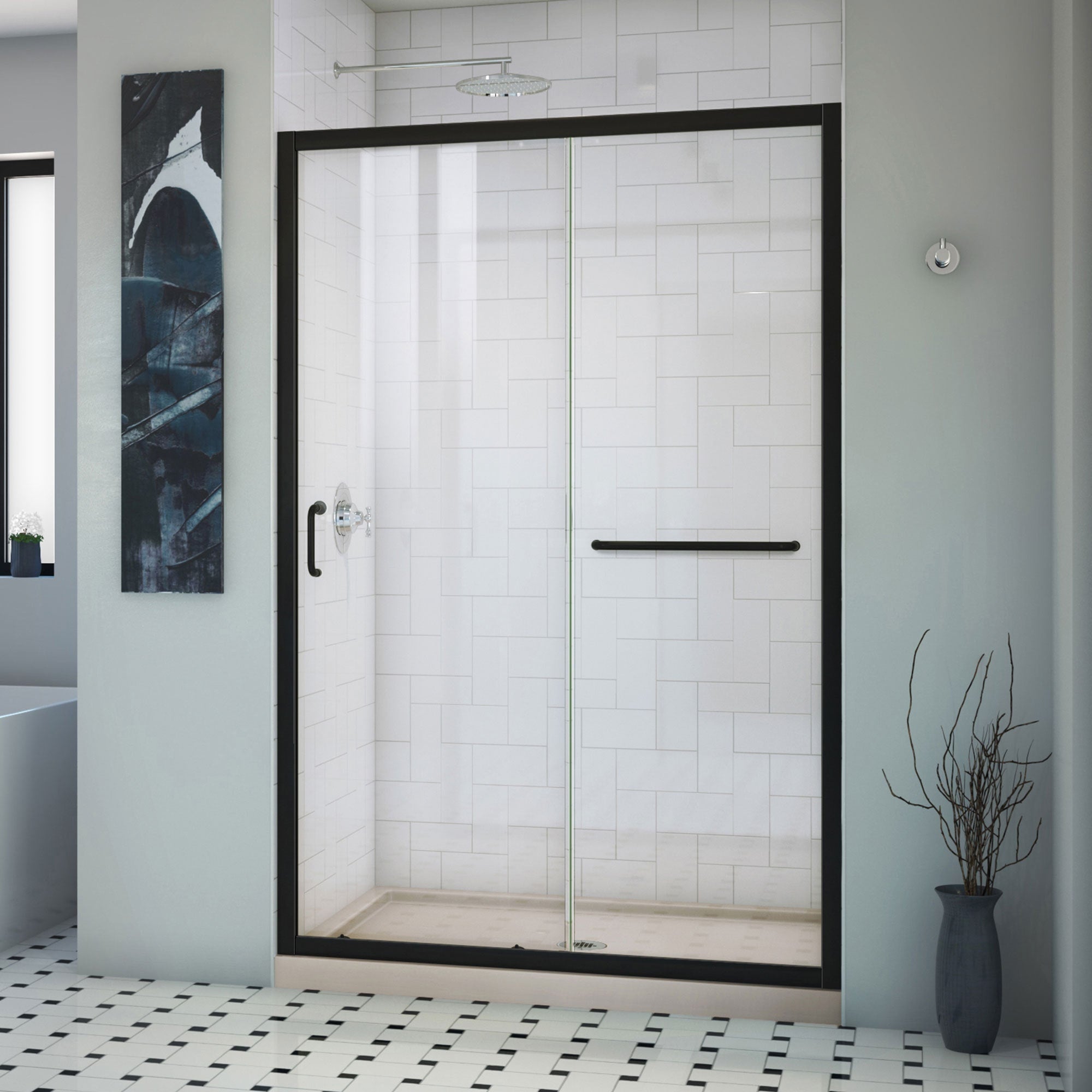 DreamLine, DreamLine DL6975CLC-22-09 Infinity-Z 36 in. D x 48 in. W x 74 3/4 in. H Clear Sliding Shower Door in Satin Black and Center Drain Biscuit Base