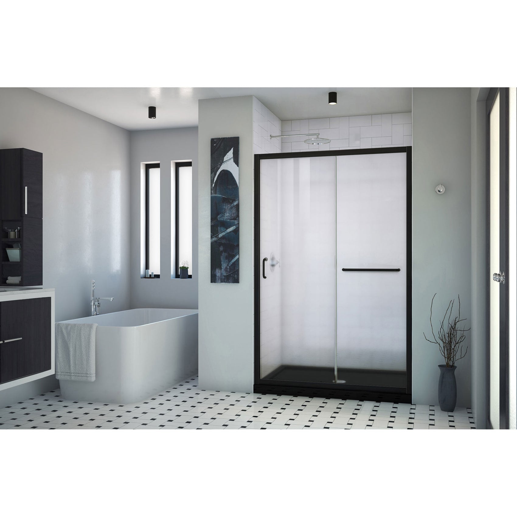 DreamLine, DreamLine DL6975CLC-88-09 Infinity-Z 36 in. D x 48 in. W x 74 3/4 in. H Clear Sliding Shower Door in Satin Black and Center Drain Black Base