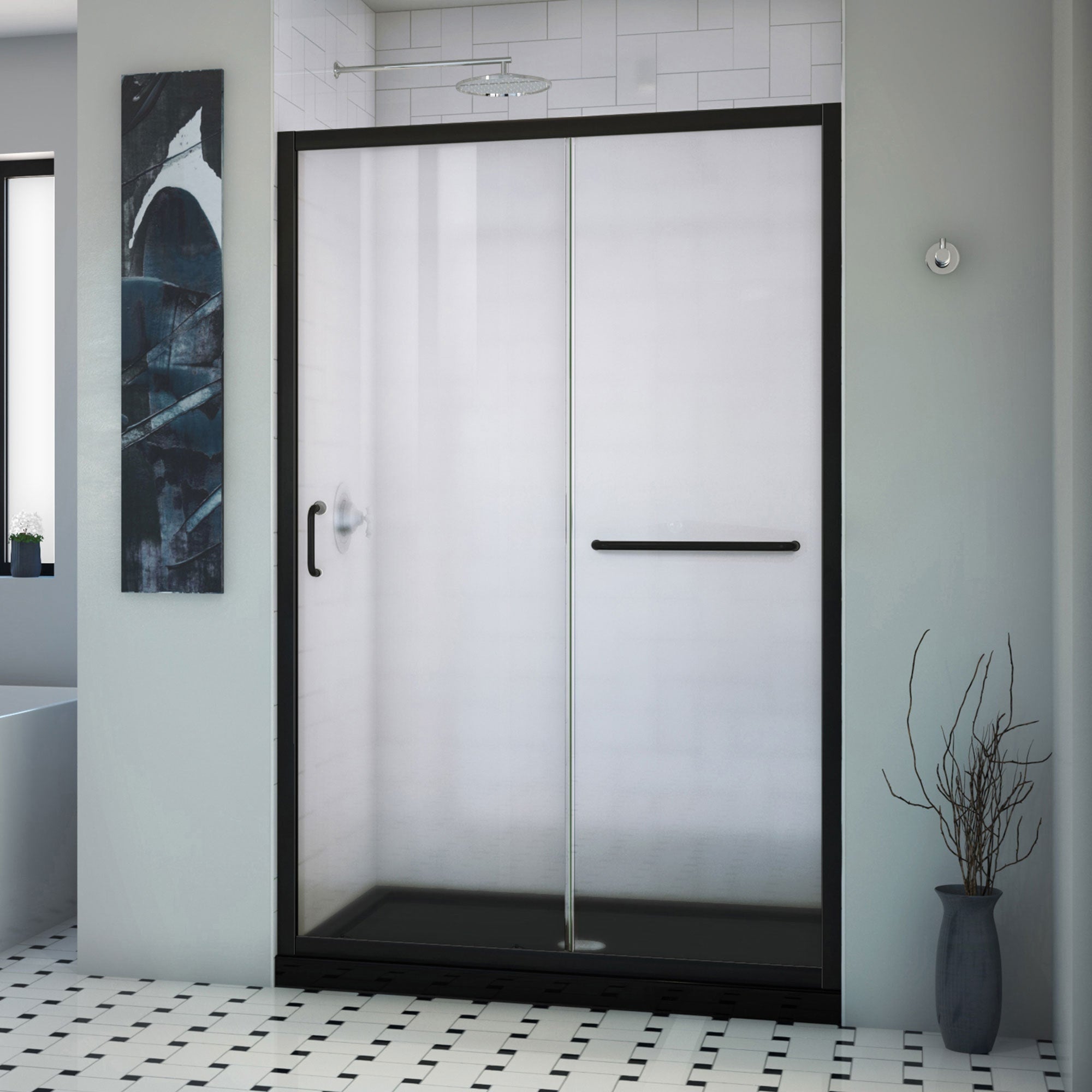 DreamLine, DreamLine DL6975CLC-88-09 Infinity-Z 36 in. D x 48 in. W x 74 3/4 in. H Clear Sliding Shower Door in Satin Black and Center Drain Black Base