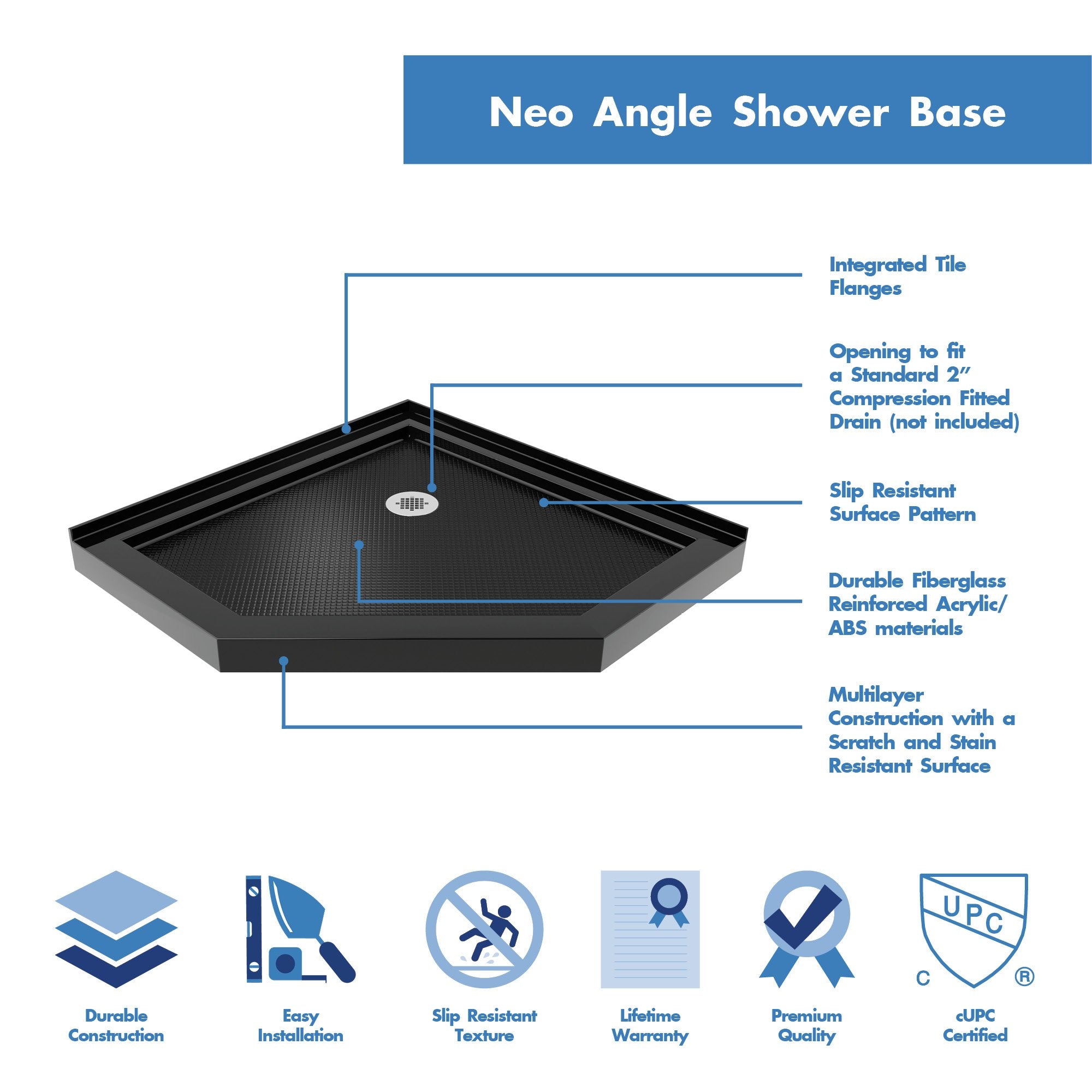 DreamLine, DreamLine DLT-2036360-88 SlimLine 36"D x 36"W x 2 3/4"H Corner Drain Neo-Angle Shower Base in Black