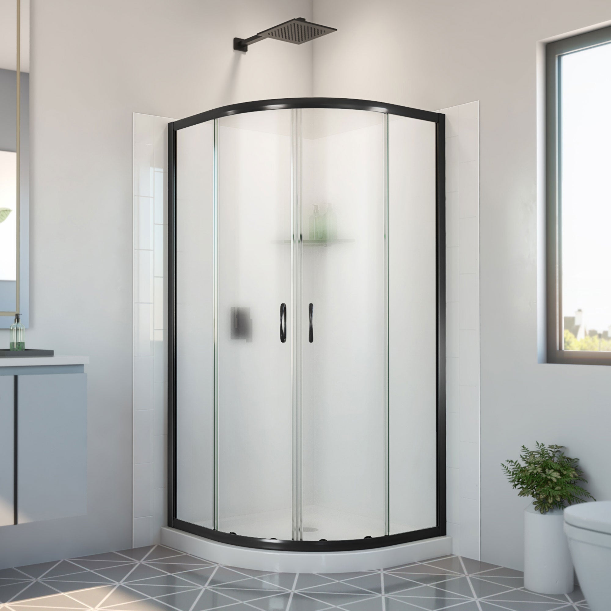 DreamLine, DreamLine E2703333XFQ0009 Prime 33" x 33" x 78 3/4" H Shower Enclosure, Base, and White Wall Kit in Satin Black and Frosted Glass