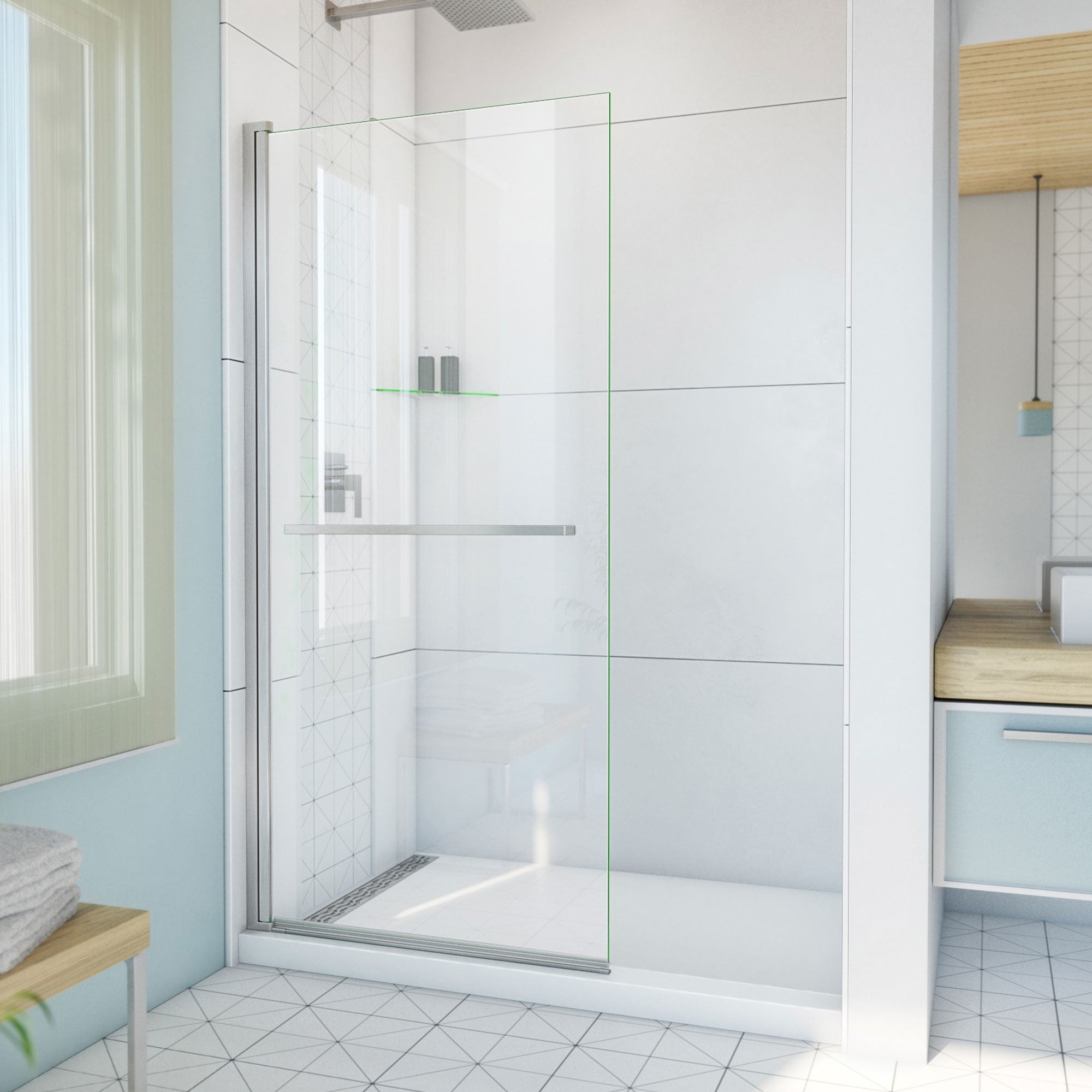 DreamLine, DreamLine SD-373472Q-04 Aqua-Q Swing 33 1/2 in. W x 72 in. H Frameless Shower Door in Brushed Nickel