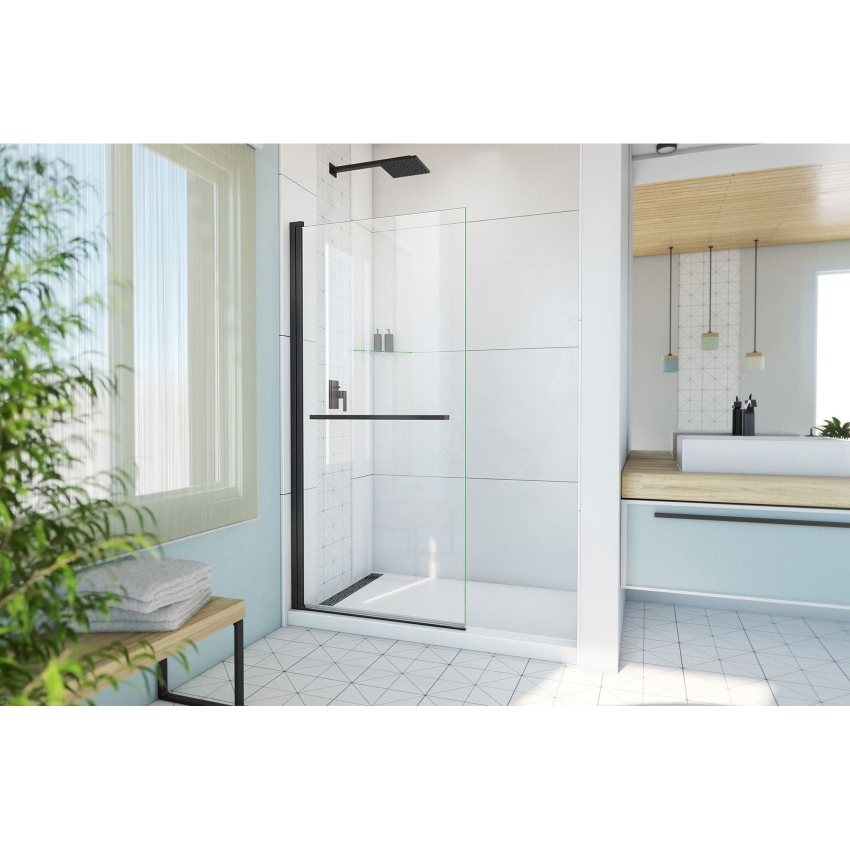 DreamLine, DreamLine SD-373472Q-09 Aqua-Q Swing 33 1/2 in. W x 72 in. H Frameless Shower Door in Satin Black