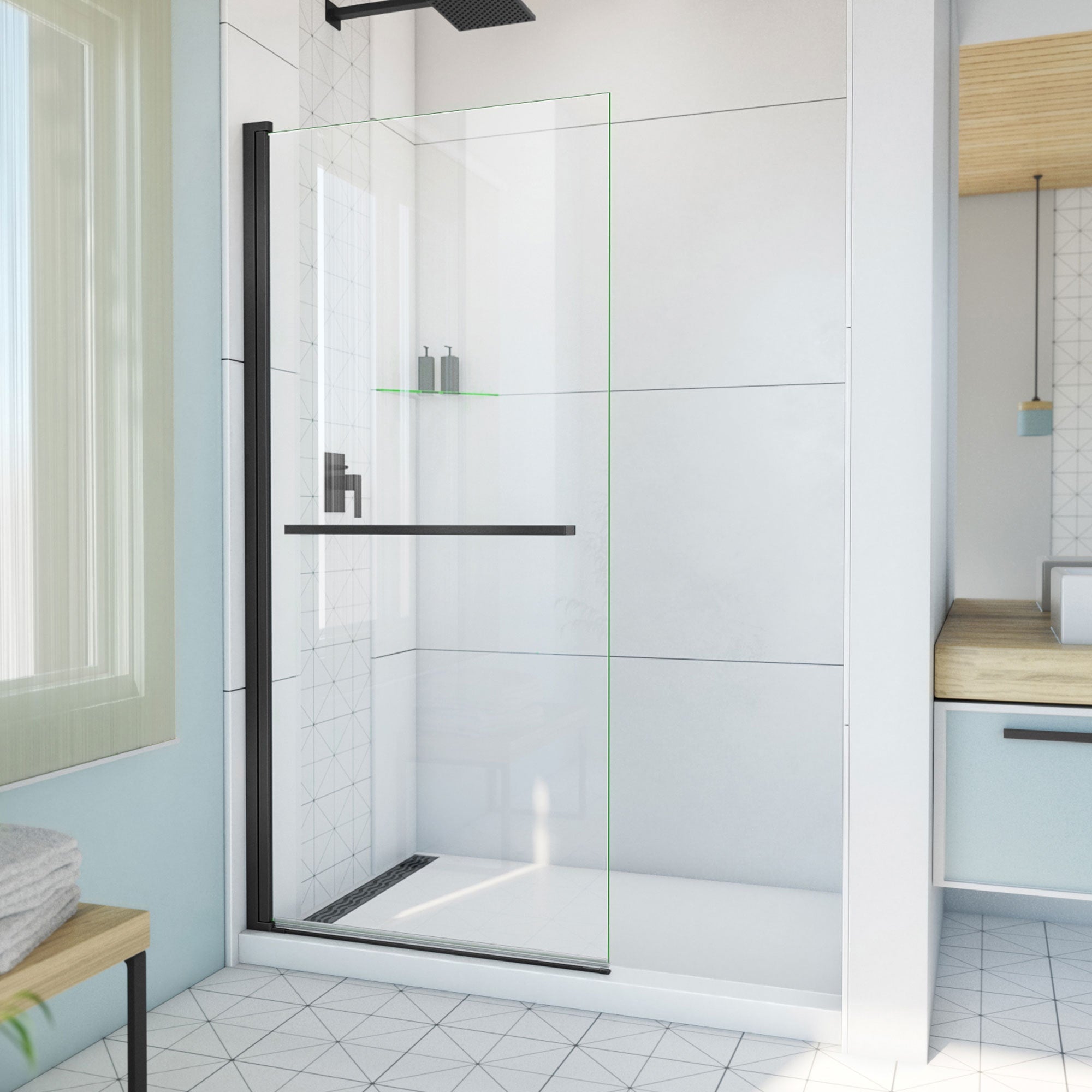 DreamLine, DreamLine SD-373472Q-09 Aqua-Q Swing 33 1/2 in. W x 72 in. H Frameless Shower Door in Satin Black