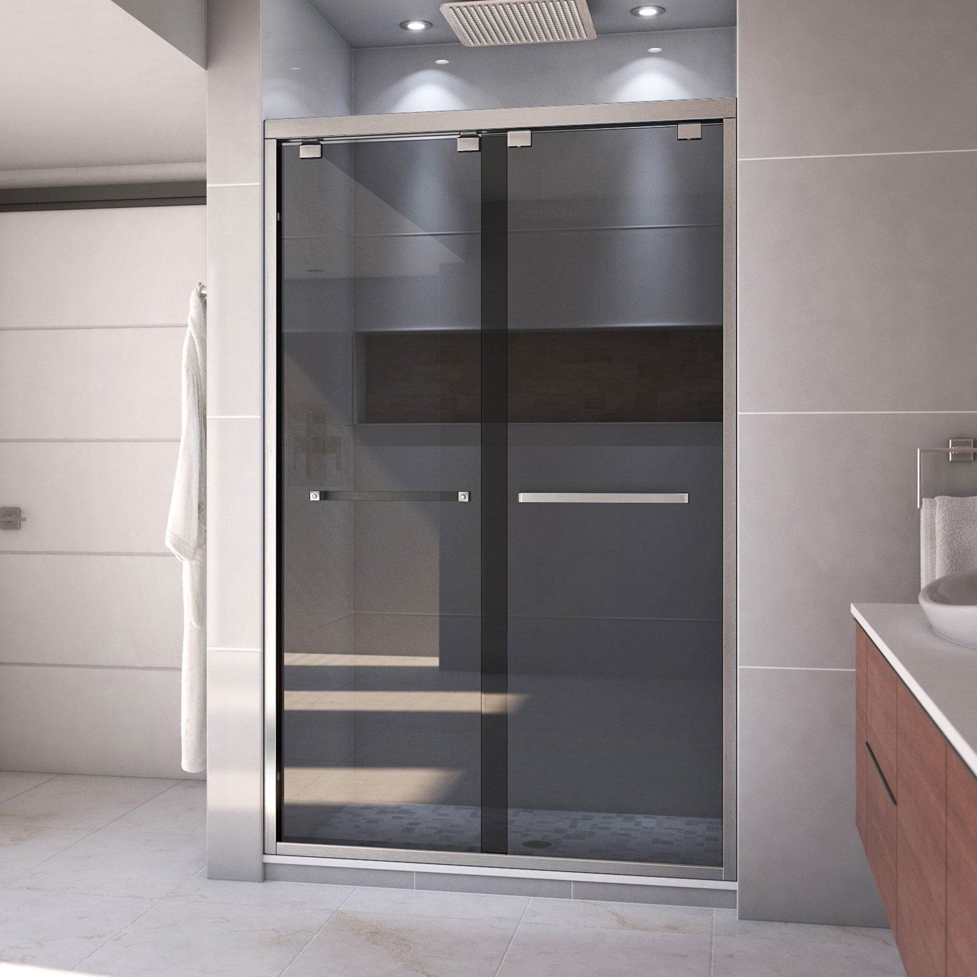 DreamLine, DreamLine SHDR-164876G-04 Encore 44-48 in. W x 76 in. H Semi-Frameless Bypass Sliding Shower Door in Brushed Nickel and Gray Glass