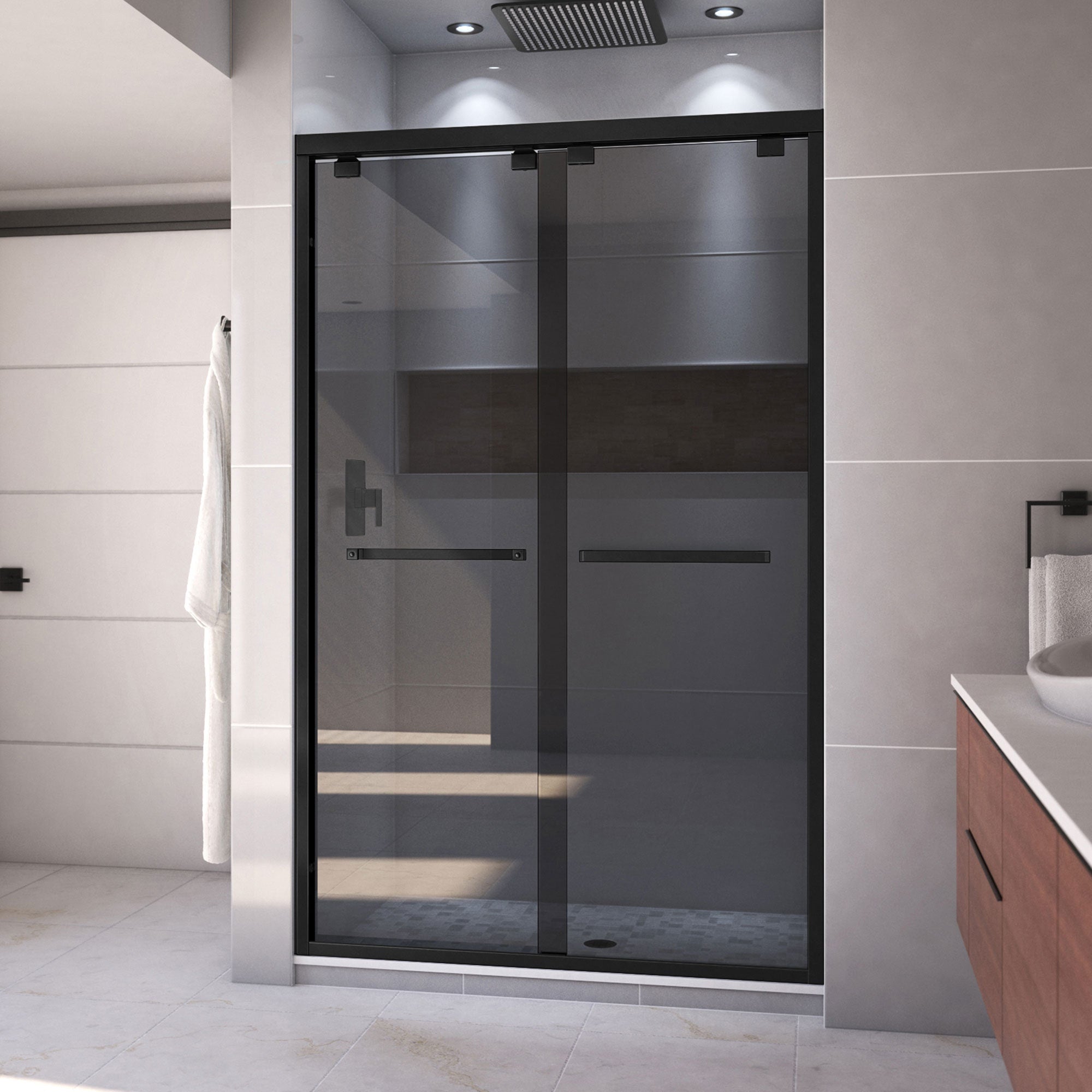 DreamLine, DreamLine SHDR-164876G-09 Encore 44-48 in. W x 76 in. H Semi-Frameless Bypass Sliding Shower Door in Satin Black and Gray Glass