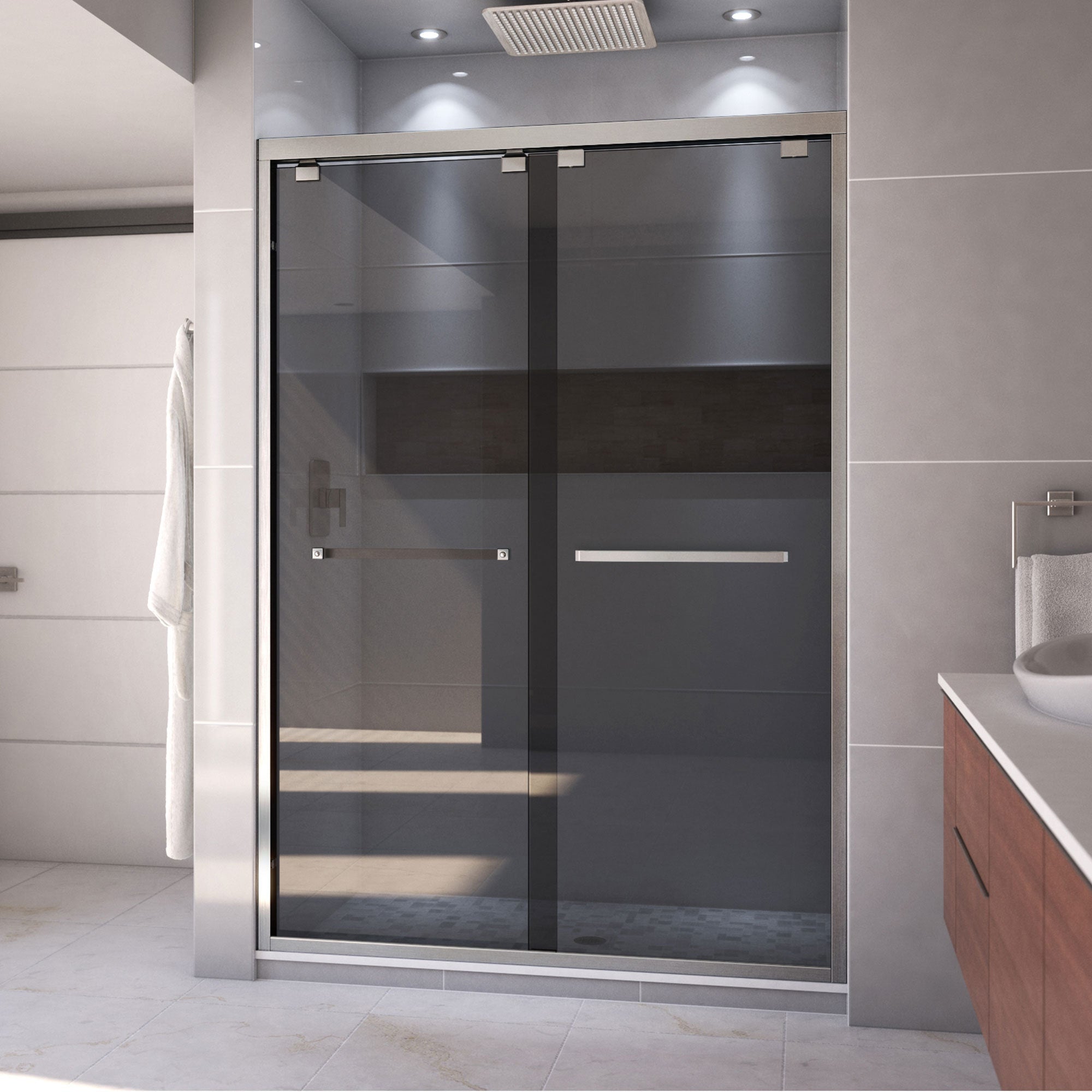 DreamLine, DreamLine SHDR-165476G-04 Encore 50-54 in. W x 76 in. H Semi-Frameless Bypass Sliding Shower Door in Brushed Nickel and Gray Glass