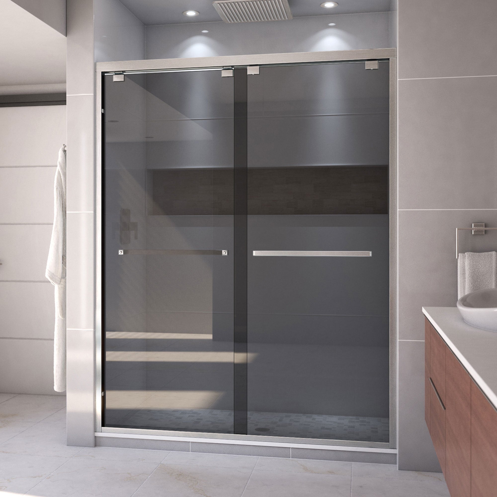 DreamLine, DreamLine SHDR-166076G-04 Encore 56-60 in. W x 76 in. H Semi-Frameless Bypass Sliding Shower Door in Brushed Nickel and Gray Glass