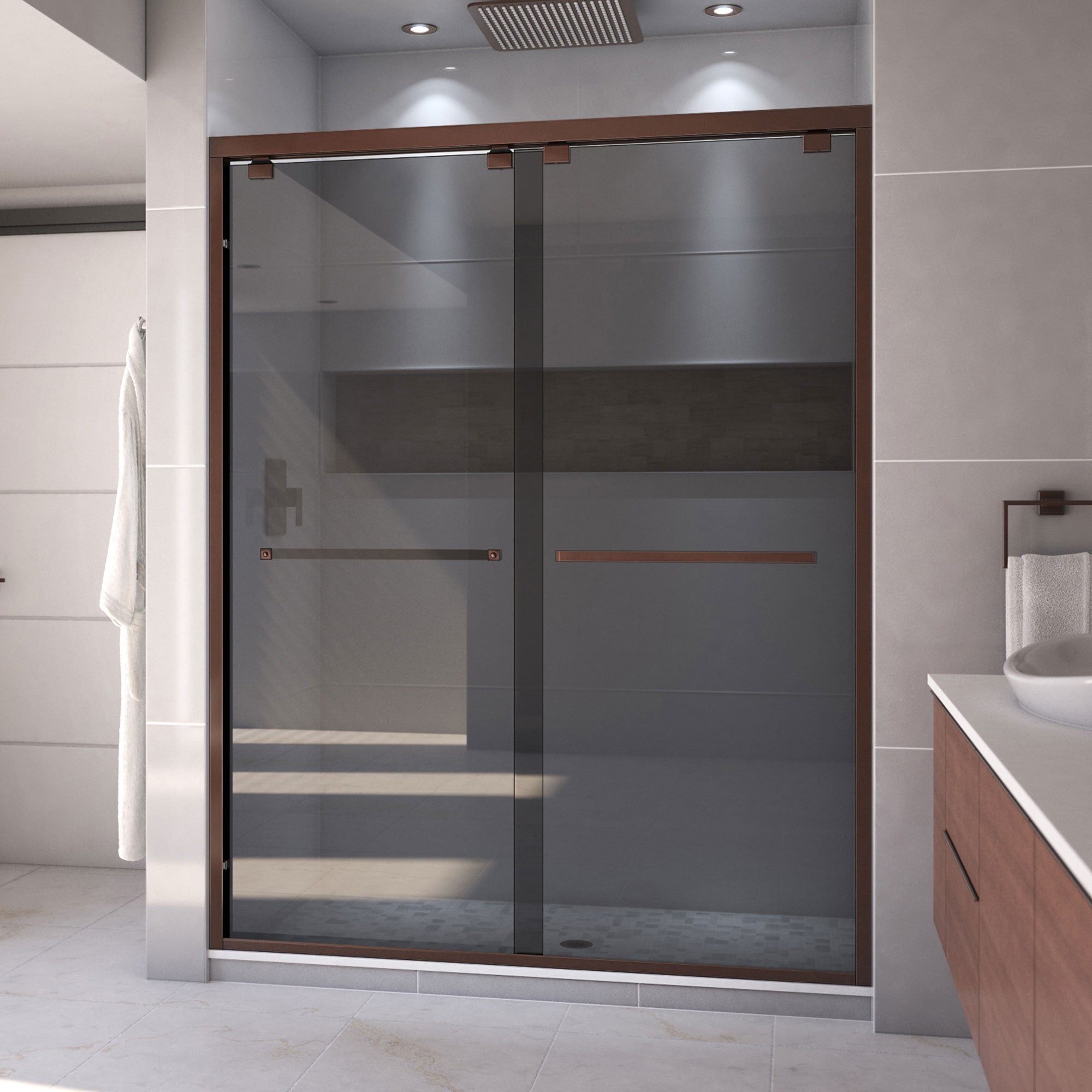 DreamLine, DreamLine SHDR-166076G-06 Encore 56-60 in. W x 76 in. H Semi-Frameless Bypass Sliding Shower Door in Oil Rubbed Bronze and Gray Glass