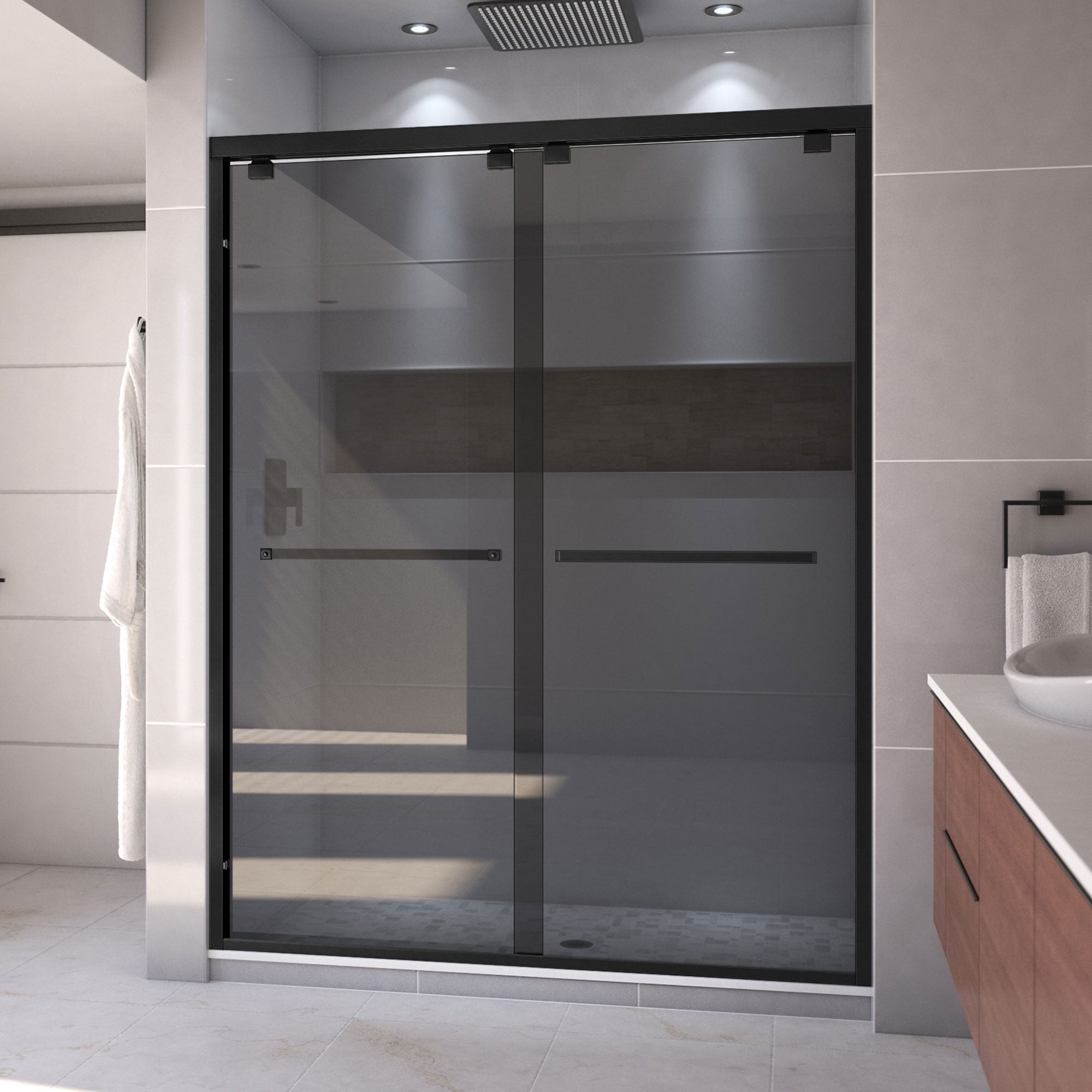 DreamLine, DreamLine SHDR-166076G-09 Encore 56-60 in. W x 76 in. H Semi-Frameless Bypass Sliding Shower Door in Satin Black and Gray Glass